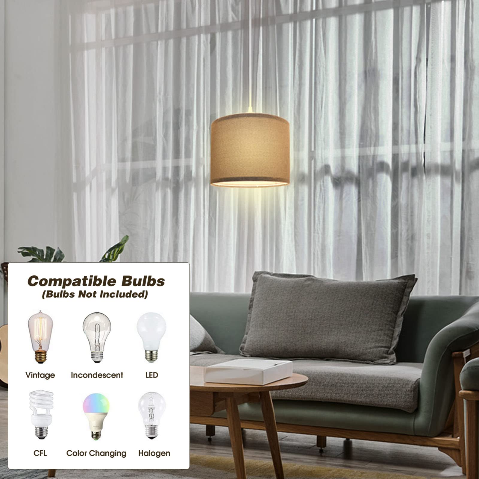 KUAUGST Plug-in Pendant Light, 15 FT Hanging Lamp with Fabric Shade, On/Off Switch, Gray