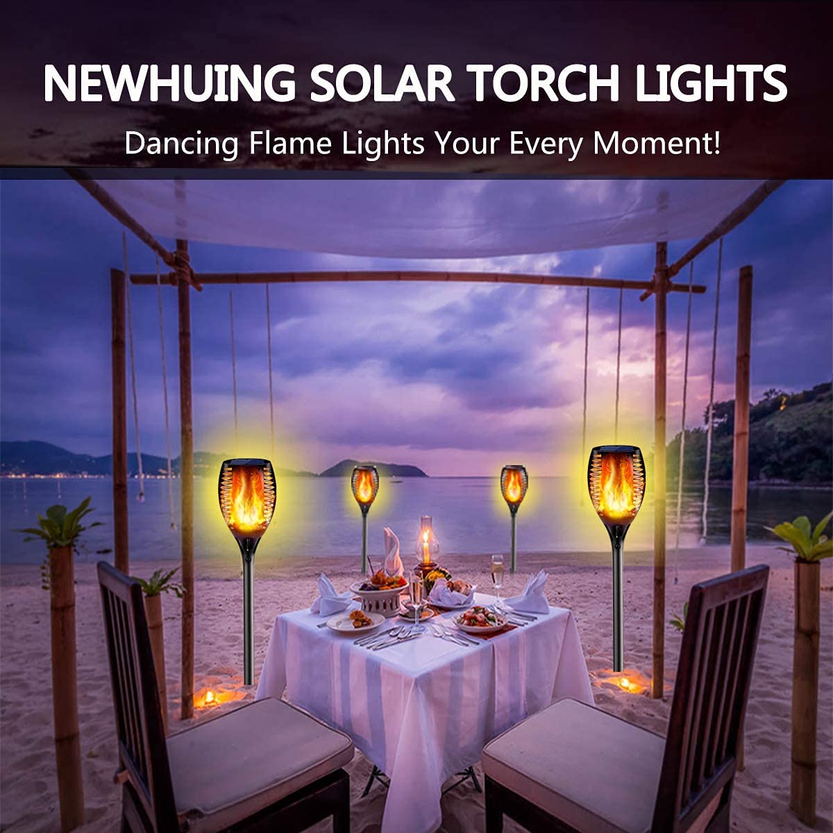 New Huing Solar Torch Lights, 4PCs, 43 inch, 96 LED, Waterproof, Yellow, Auto On/Off Dusk to Dawn for Garden Pathway Decoration