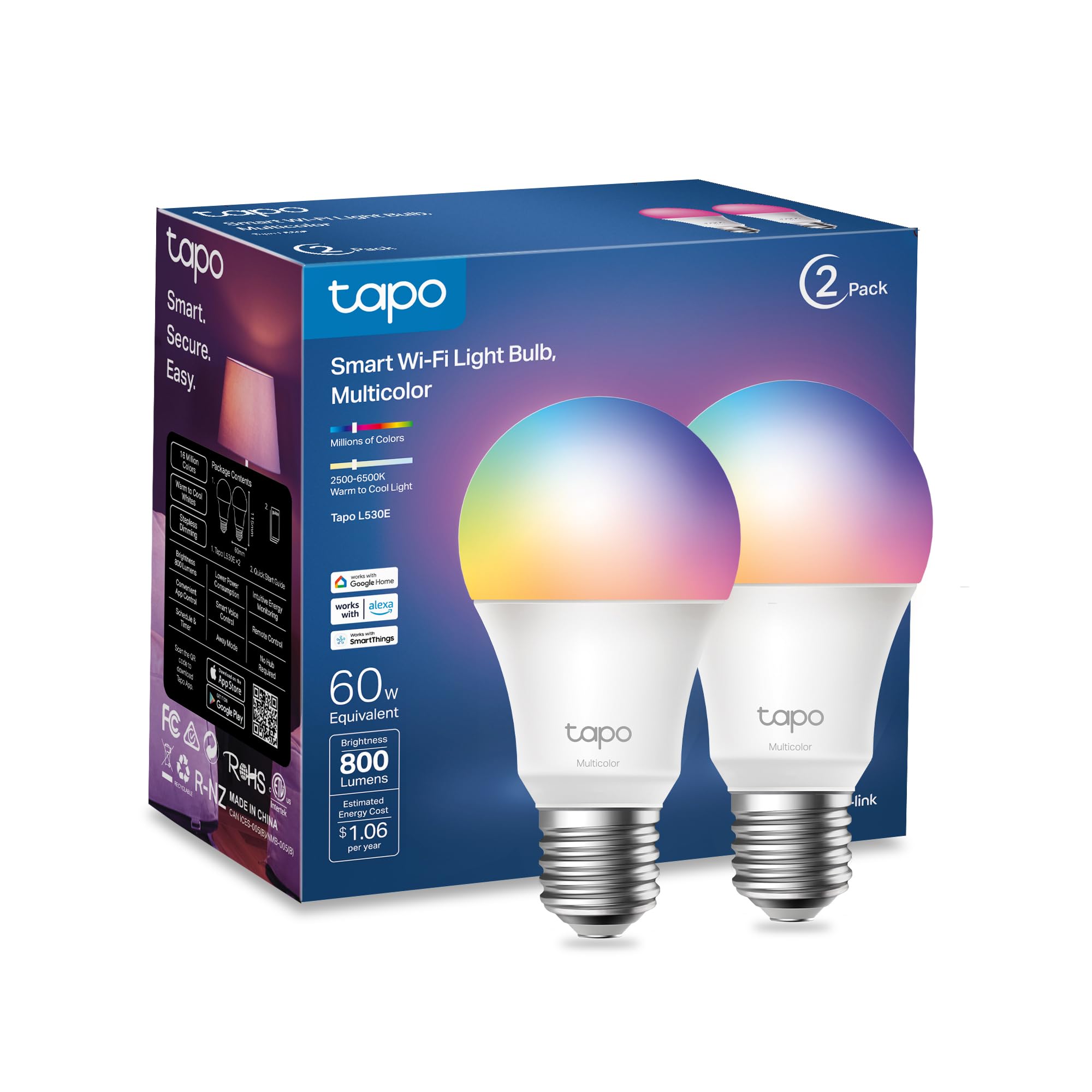 Tp-Link Tapo Smart Light Bulbs, 16M Colors Rgbw, Dimmable, Compatible With Alexa And Google Home, A19, 60W Equivalent, 800Lm Cri