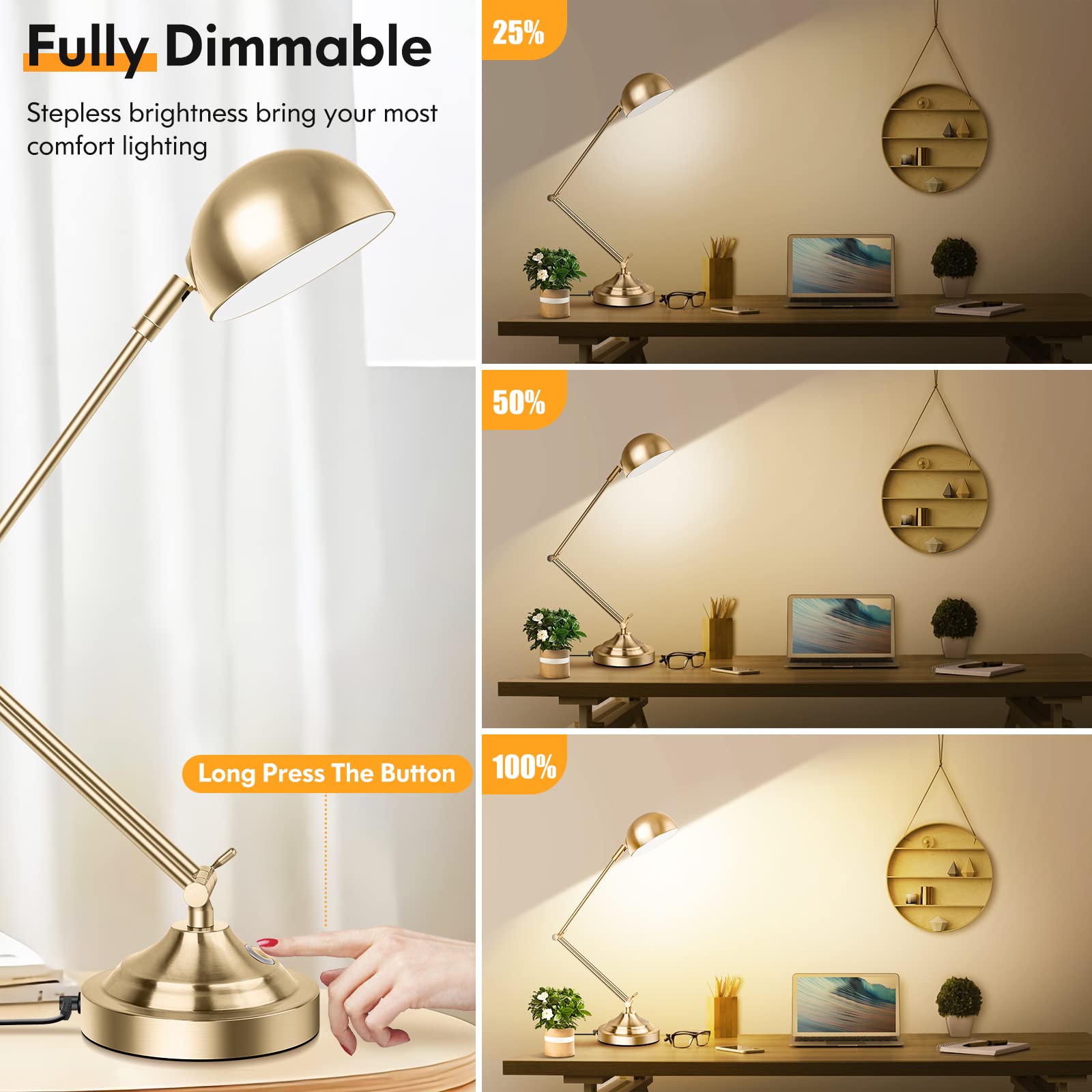 Tobusa Gold Dimmable Desk Lamp With Usb Port, Touch Control, 3 Color Modes, Brass Retro Style