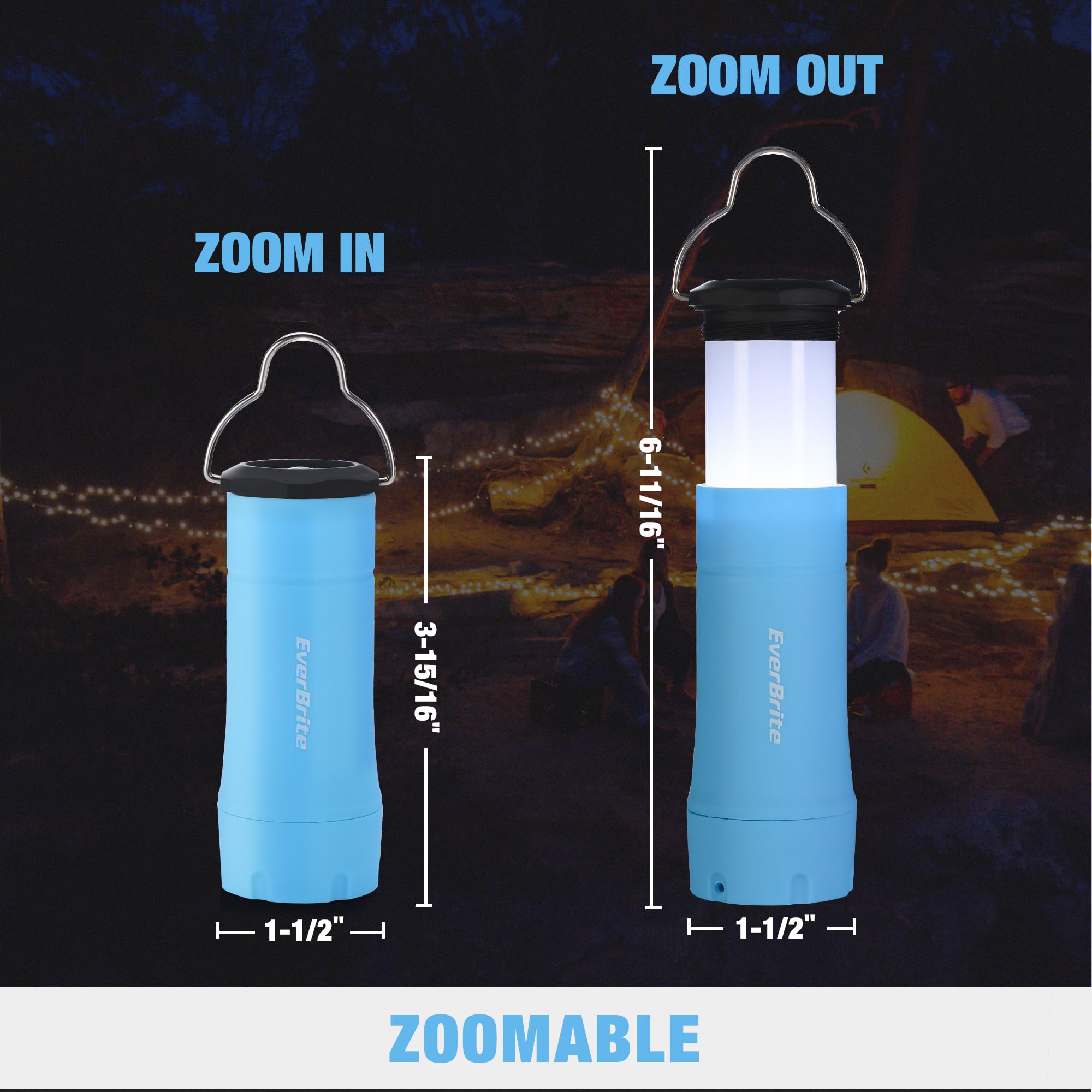 EverBrite 2-in-1 Mini Lanterns and Flashlights, Blue, Zoomable, Battery Powered, Model E041056AE, 3 Modes, Camping Essentials