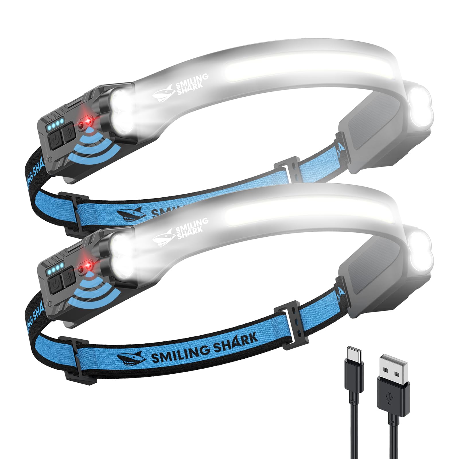 Smiling Shark TD-0123-S Headlamp, 2-Pack 2400mAh Ultra-Bright Head Lamp Flashlight Rechargeable with Multi-Mode LED Head Lamp wi