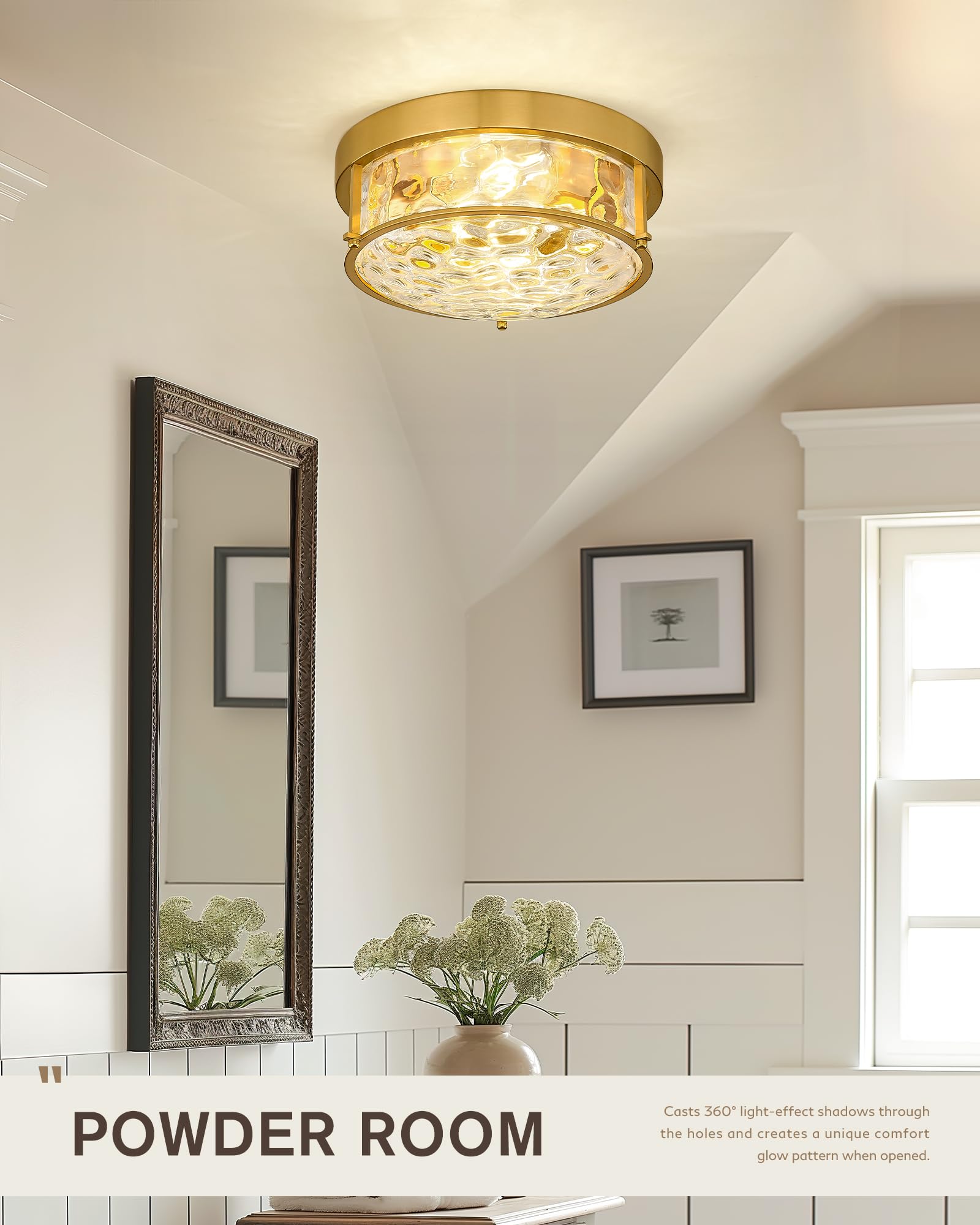 Femila 12'' Brushed Gold Flush Mount Ceiling Light, Light Fixtures Ceiling Mount With Water Ripple Glass, For Kitchen, Bedroom,