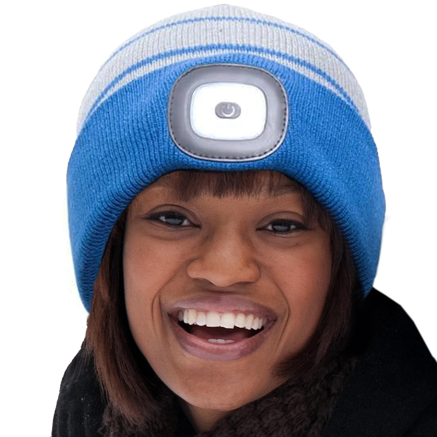 Head Lightz Headlightz By Roq Innovation - Beanie With Light, Unisex Led Beanie Hat With Light Built In, Rechargeable, Blue/Whit