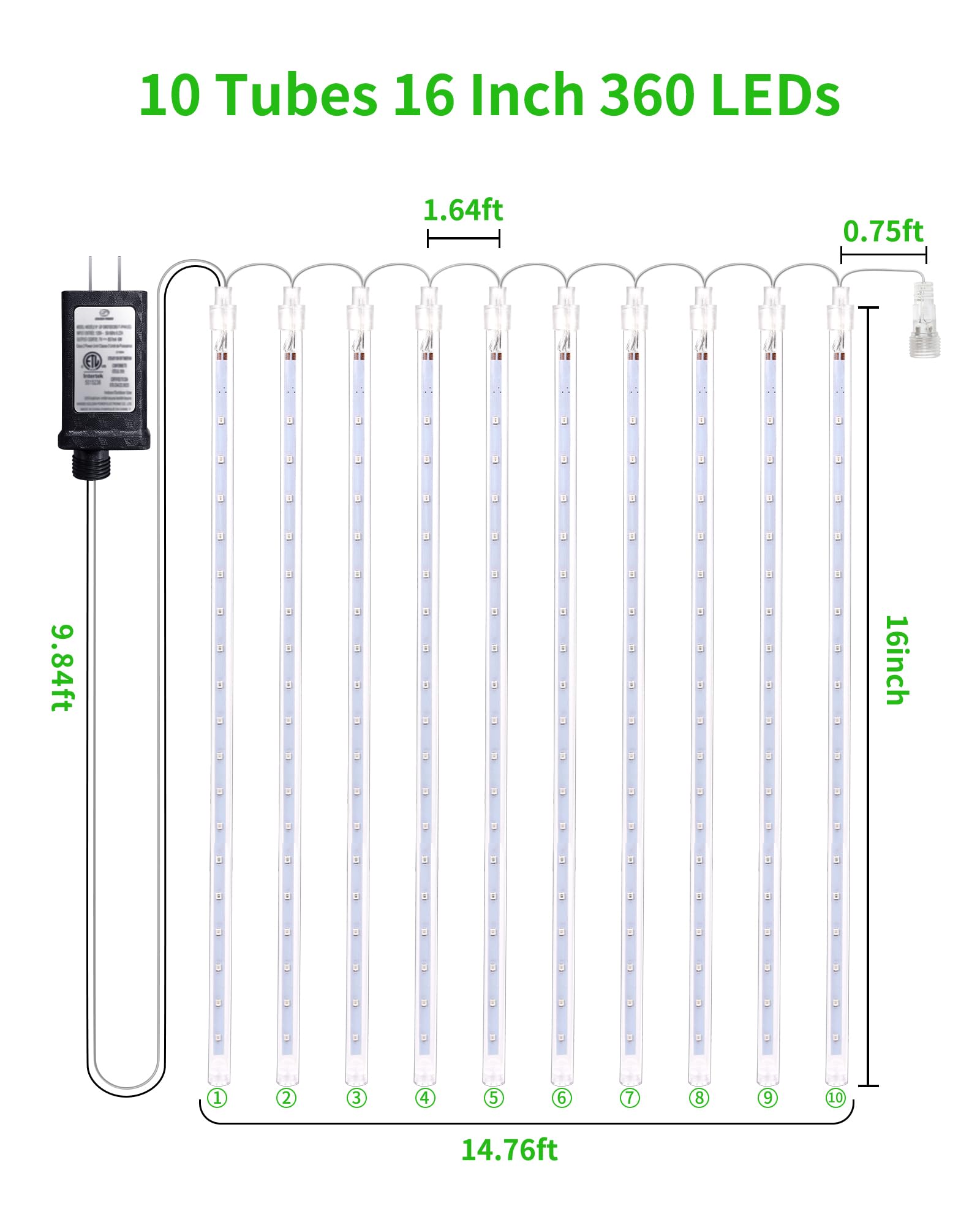 Blingstar Meteor Shower Lights Outdoor 10Tubes 16 Inch 360 LED Christmas Lights Waterproof Falling Rain Lights Plug in Dripping