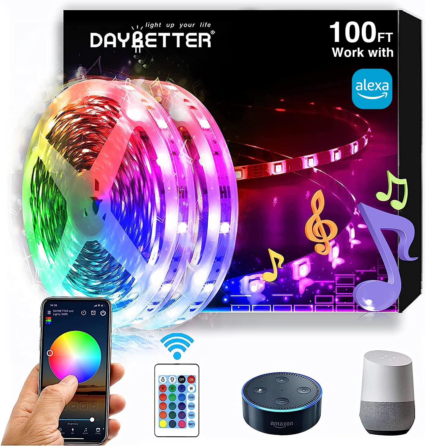 DAYBETTER RGB LED Strip Lights Kit, Smart WiFi, 100ft (2x50ft), Multicolor, Works with Alexa & Google Assistant, Model FLSLS50130ZJRGB