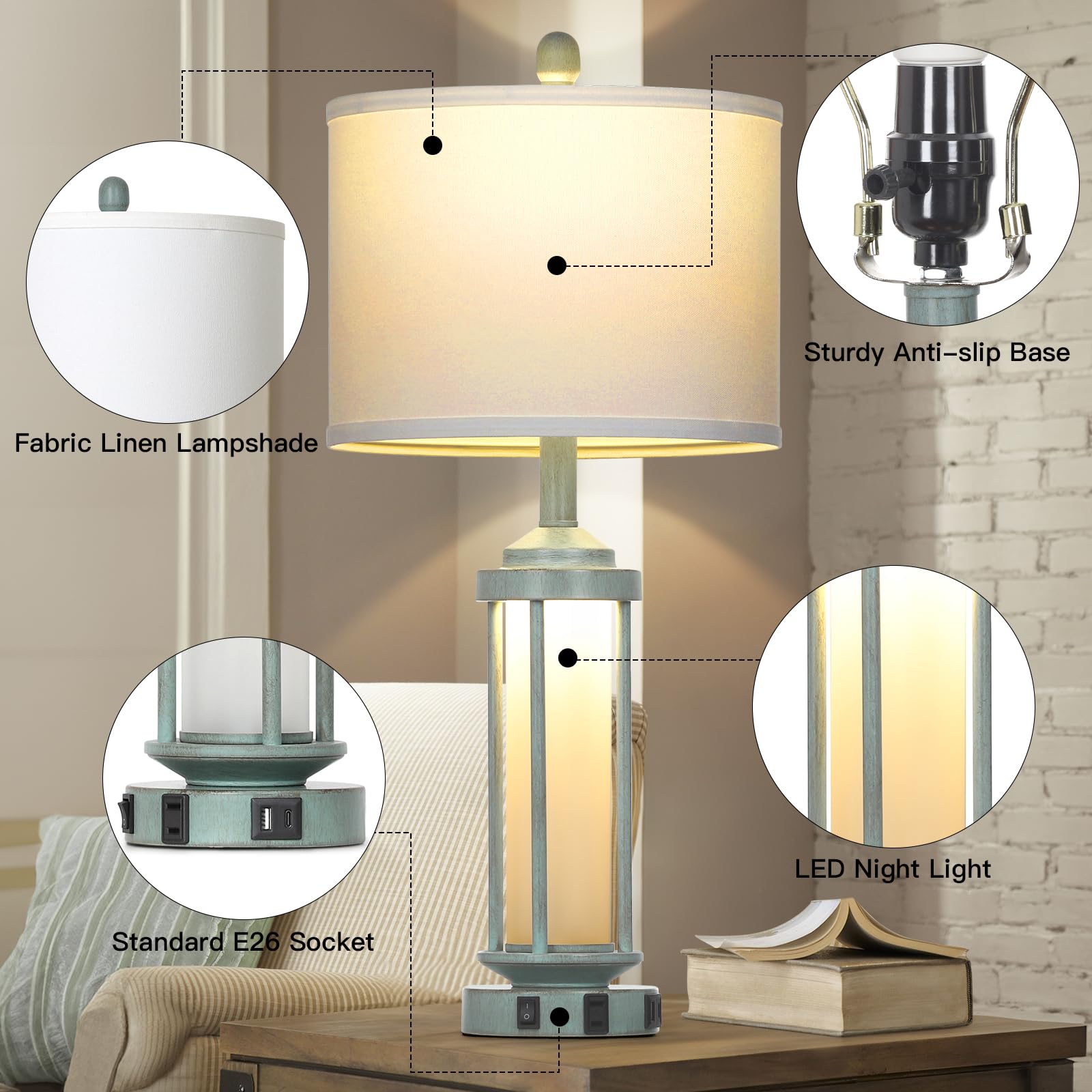 Farmhouse Table Lamps For Living Room, 27'' Vintage Rustic Beside Lamp Set Of 2 With Usb A+C Charging Ports & Ac Outlet, Retro N