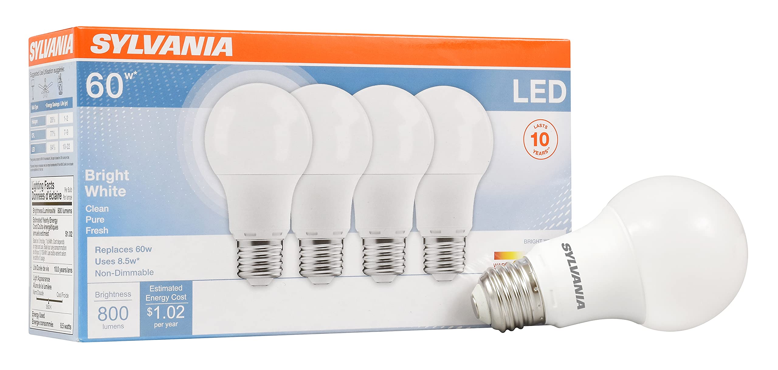 Sylvania Led Light Bulb, 60W Equivalent A19, Efficient 8.5W, Medium Base, Frosted Finish, 800 Lumens, Bright White - 4 Count (Pa