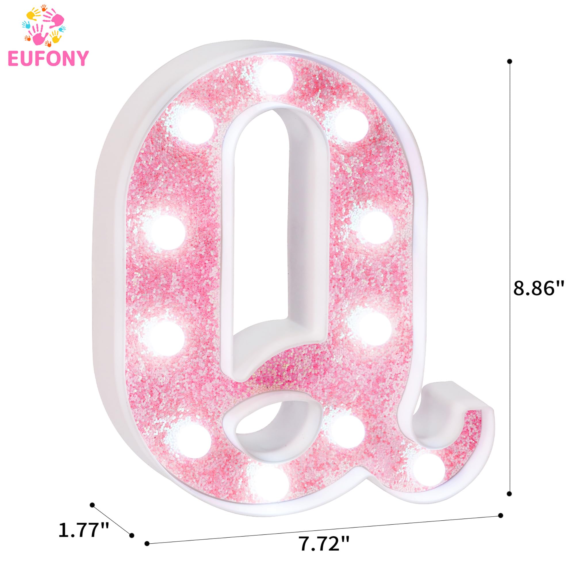eufony Pink Glitter LED Marquee Light Up Letter Q, Battery Powered, Wall Decor, Table Decorations, Polypropylene