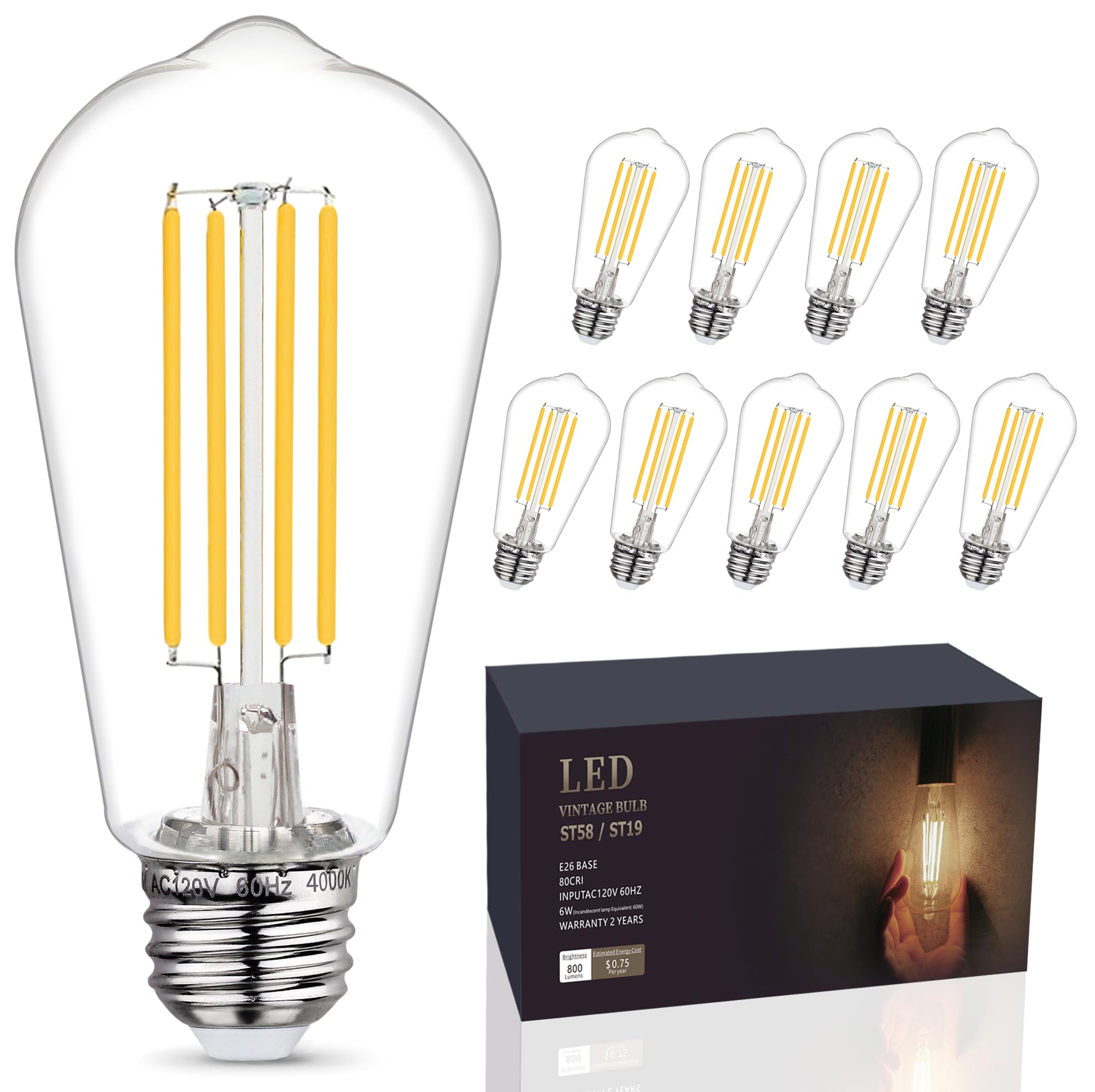 EMYMLITE 10 - Pack Shatterproof LED Edison Light Bulb 60W Equivalent, Dimmable ST58 Vintage Light Bulbs, E26 Medium Base, 6W, 80