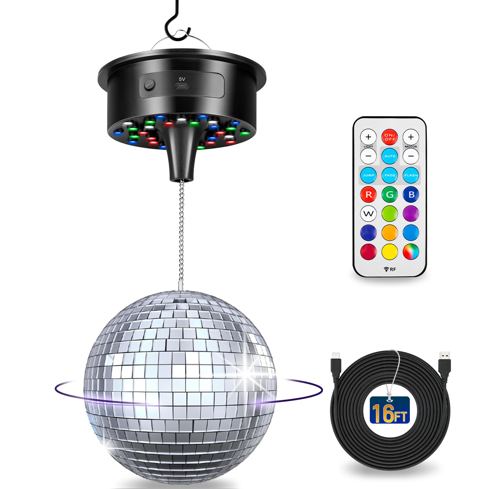 Disco Ball with Motor and 6 Inch Mirror Ball, Rotating 0/3/6/9/12/15 RPM Variable Speed,12 Lighting Colors and 4 Light Modes, 16