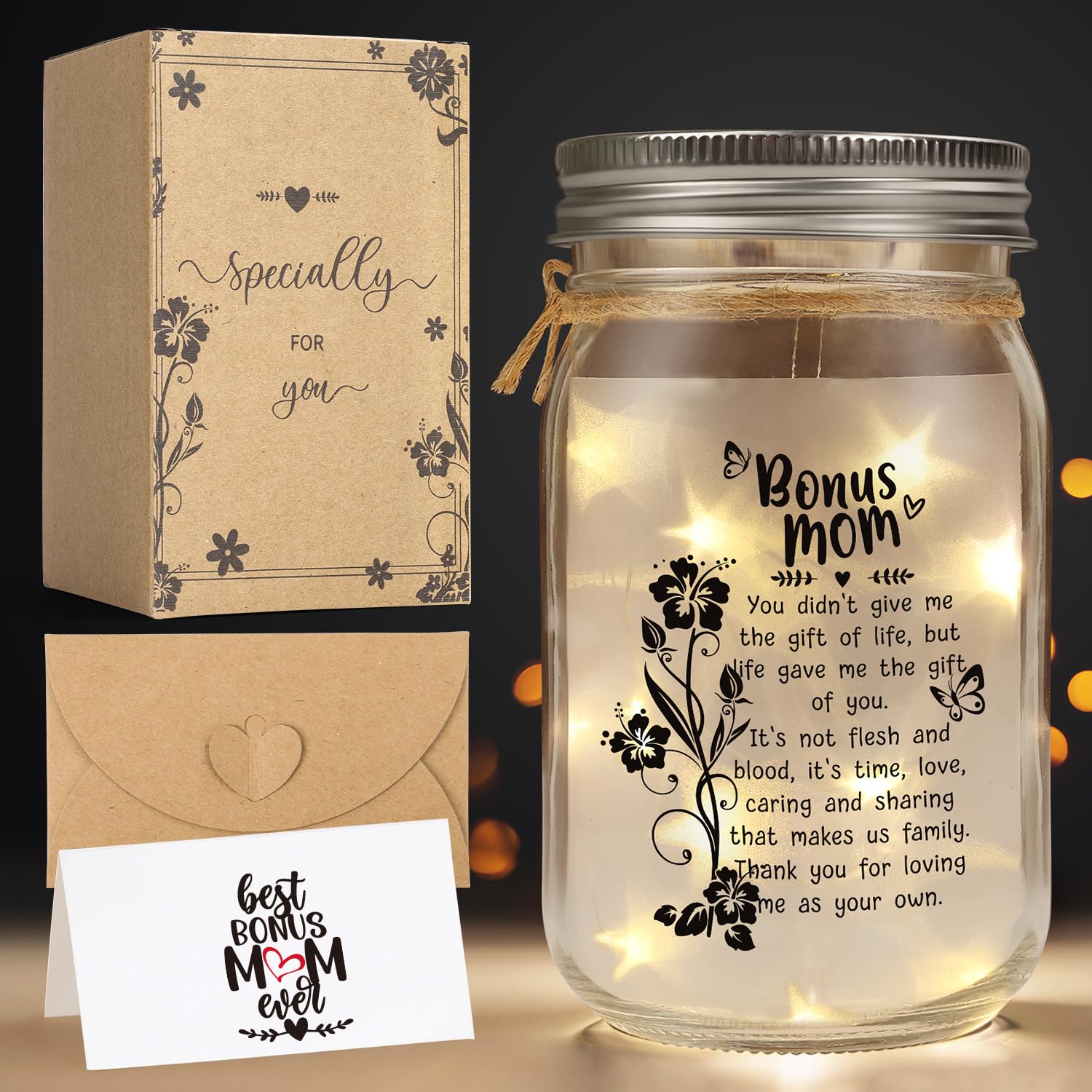 Splendest Bonus Mom Gifts Mason Jar Night Light For Mothers Day From Daughter Son,Step Mom Gifts,Birthday For Stepmom, Mother In