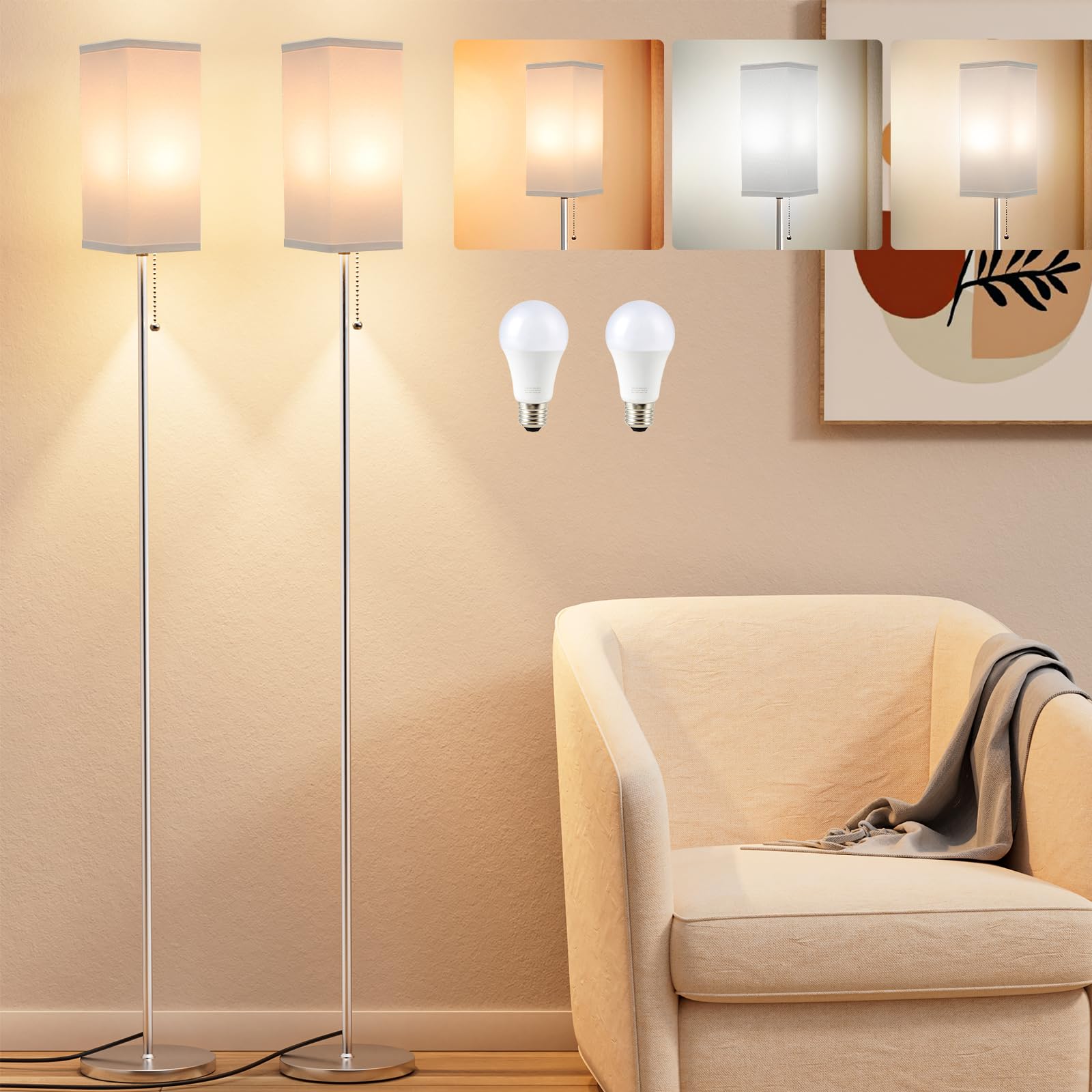 Ziisee Floor Lamps Set of 2 - Modern Metal Standing Lamps with Pull Chain, White Shade, Silver Color, Model SQ4-10