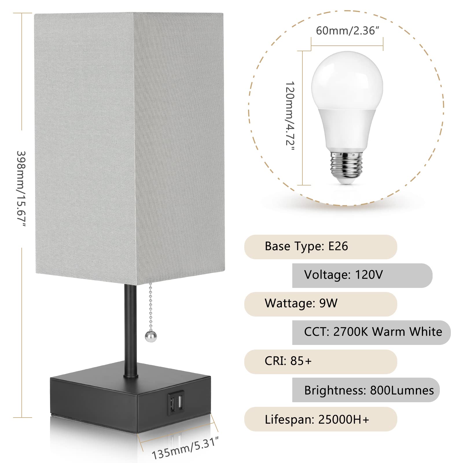 Ggoying Bedside Table Lamp, Modern Nightstand Lamp With Usb Charging Ports, Pull Chain, 2700K Led Bulb, Grey Fabric Shade For En