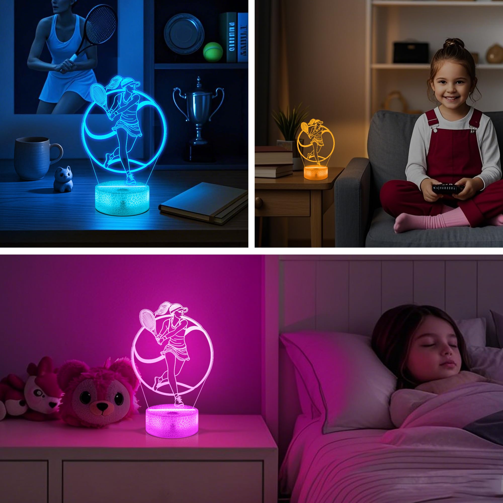 OkiyiD Tennis Gifts for Women & Girls, Light Up Tennis Night Light 3D Illusion Lamp with 16 Colors Remote Control,Tennis Accesso