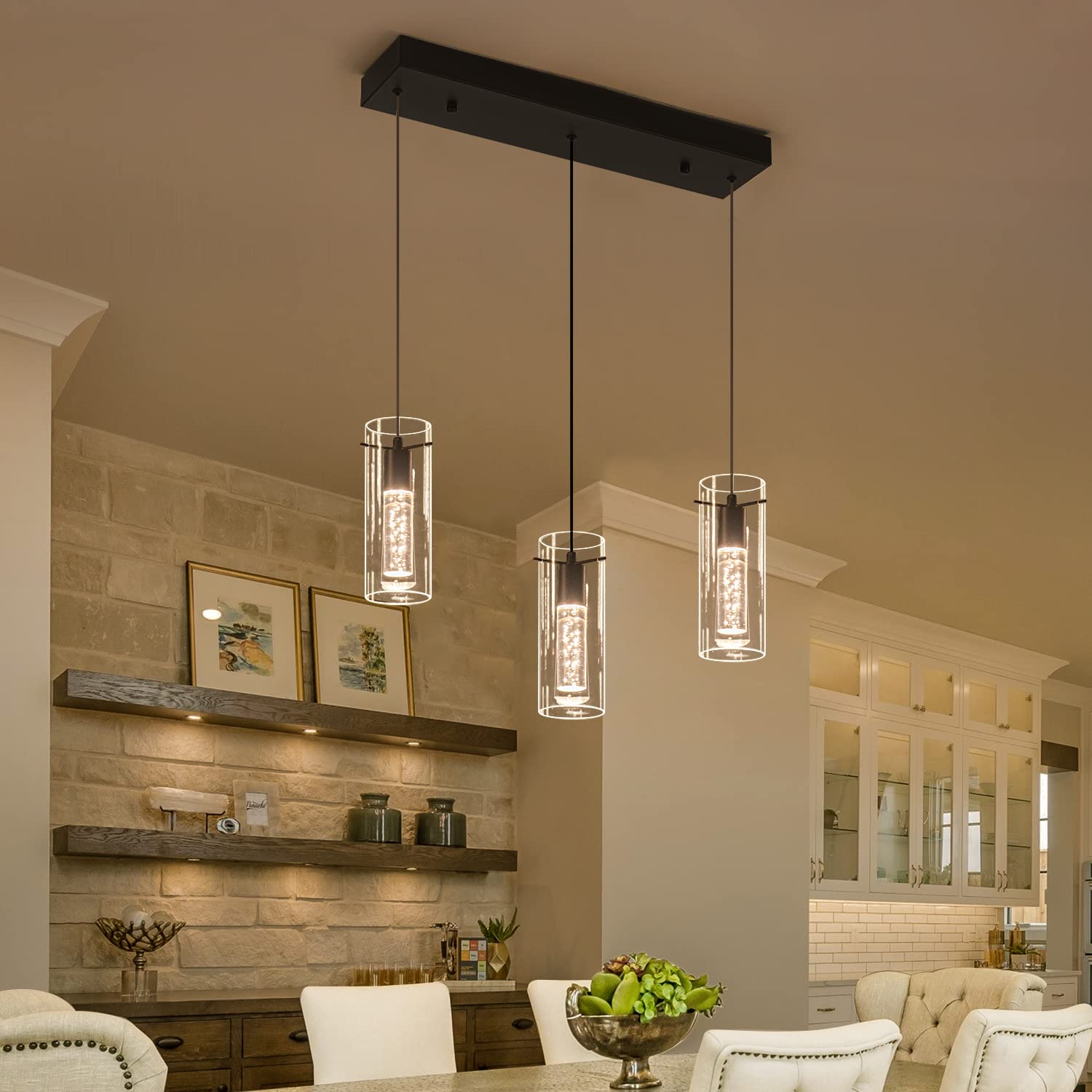 BESTWEST Modern Black Pendant Light Fixture, 3-Light Dimmable Kitchen Chandelier, Glass, Model BW-03