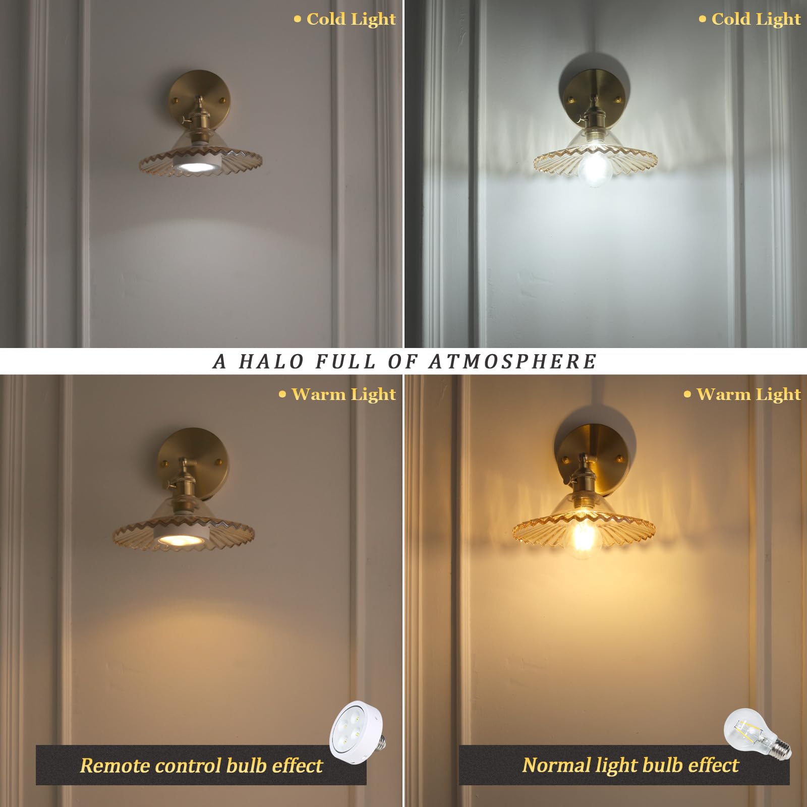 Shenmoyl Vintage Wall Sconce - Adjustable Brass Fixture with Amber Glass Lampshade, Short Size for Bedroom or Doorway