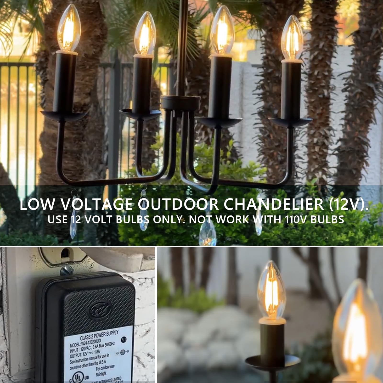 Brink House 4 Light Plug-in Chandelier, Stainless Steel, Straight Black, H19”xW17”, Low Voltage, IP65 Water Resistant