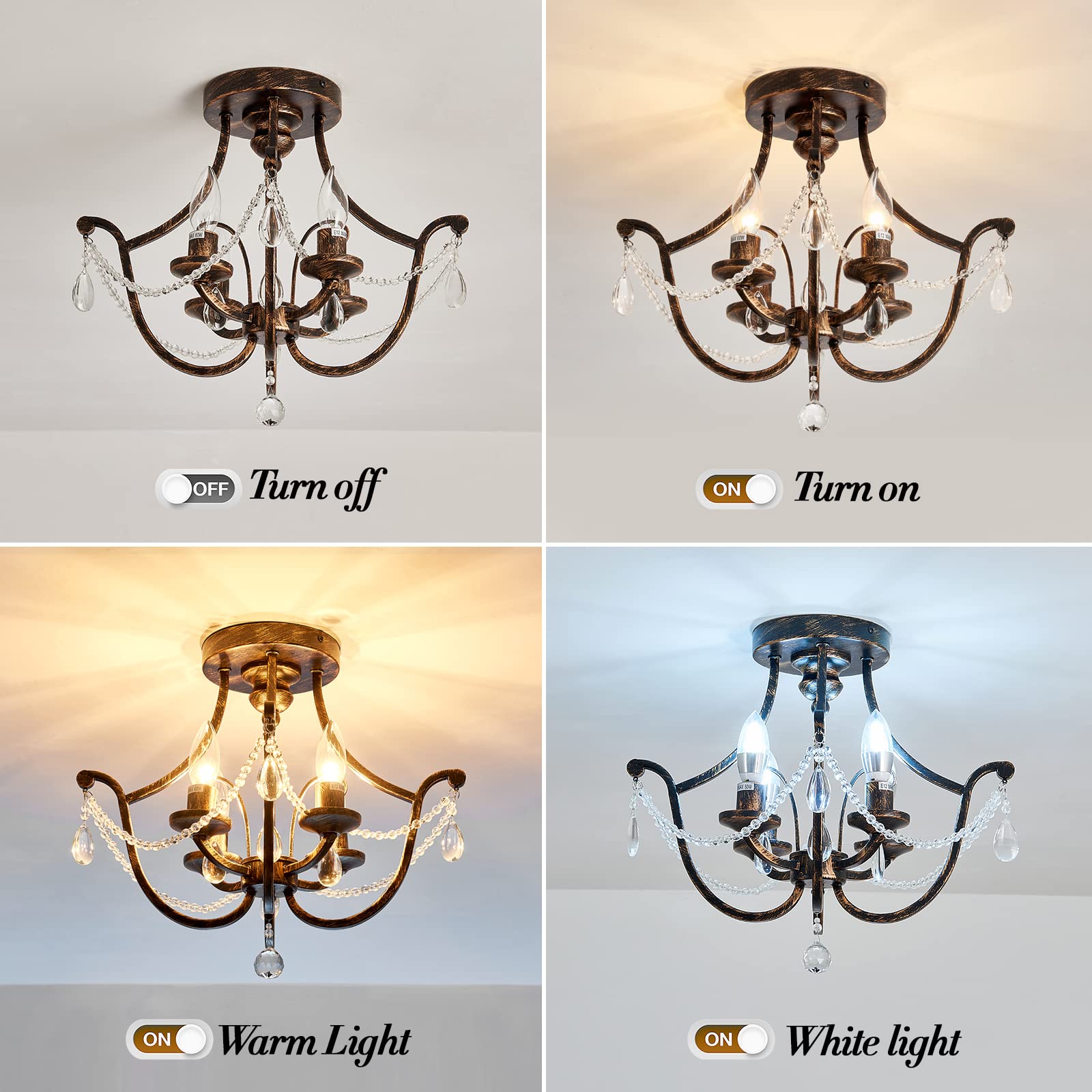 Uofus Vintage Semi Flush Mount Crystal Chandelier Oil Rubbed Bronze 4-Light Small Metal Ceiling Light Fixture Farmhouse Ceiling