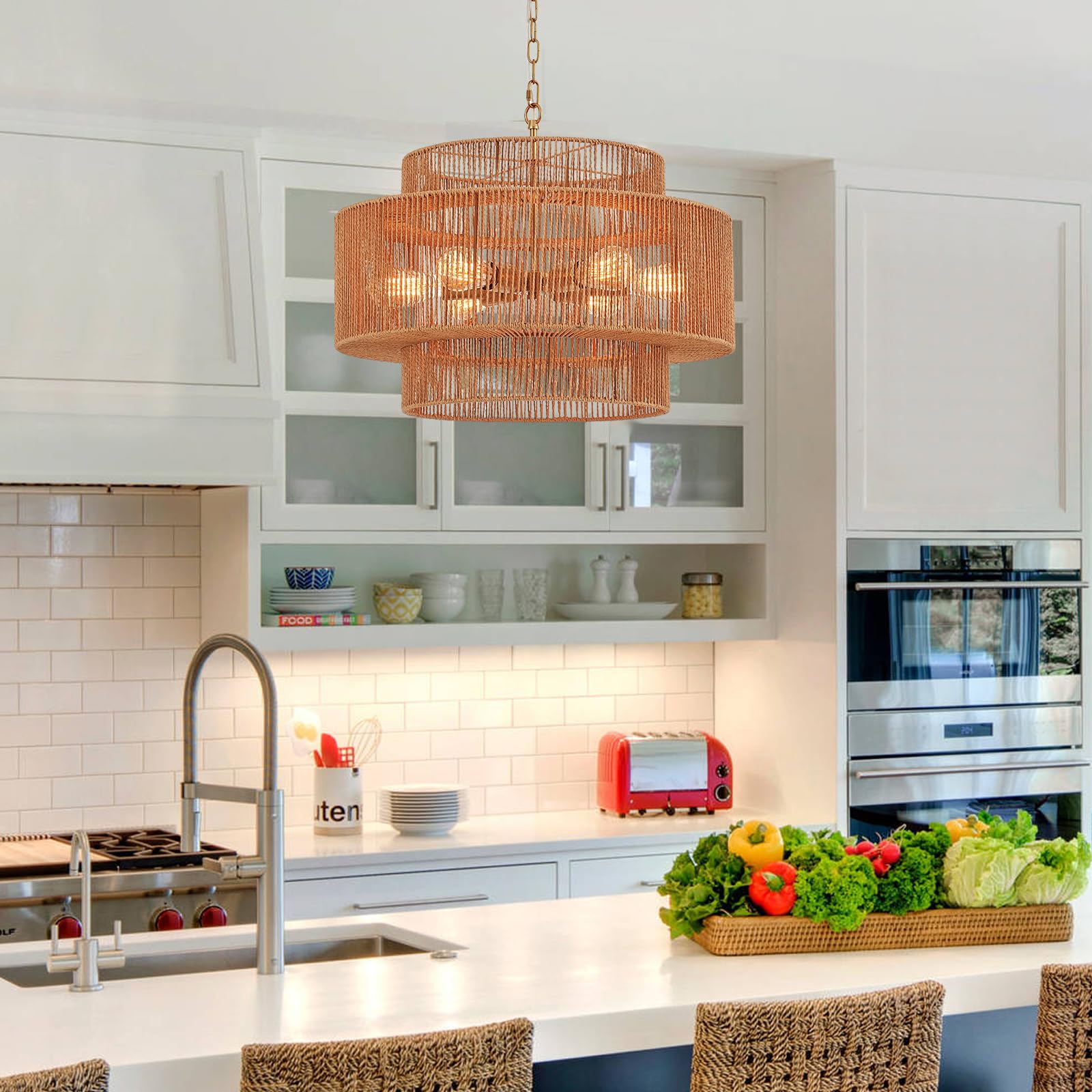 Widluth 23.6" Rattan Chandelier Light Fixture Vintage 6-Lights Boho Hand-Woven Bamboo Chandelier Retro Farmhouse 3-Tier Drum Wicker Rattan Golden Chandelier For Dining Room, Kitchen, Living Room