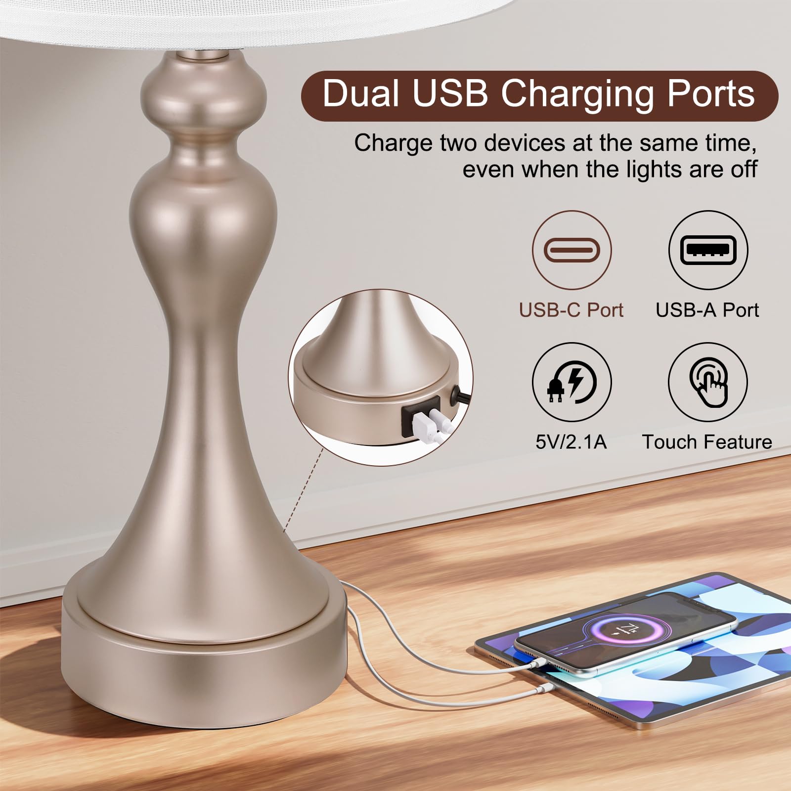 Seealle Touch Lamps For Nightstand - Bedside Lamps Set Of 2, 3 Way Dimmable, Usb C+A For Bedroom & End Tables (Flash-Grey&White)