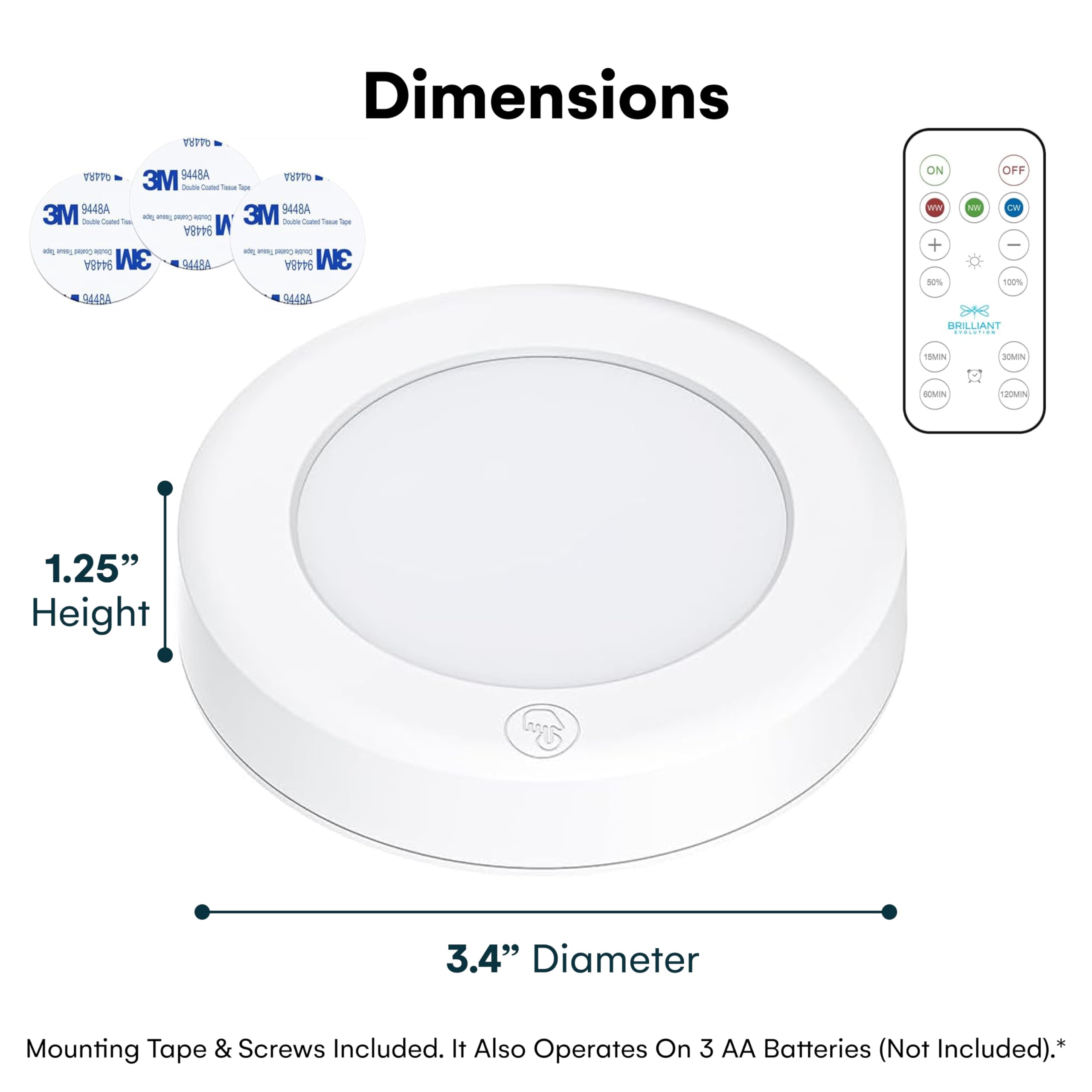 Brilliant Evolution Wireless LED Puck Light 3 Pack - White, Remote Control, Battery Powered, Under Cabinet & Closet Lighting