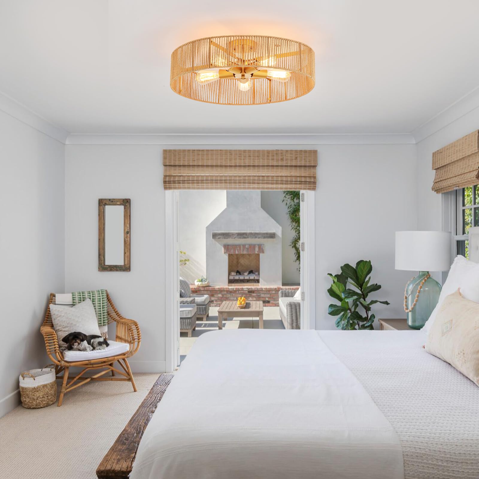 Mhytogn 24'' Natural Rattan Flush Mount Ceiling Light Fixture Antique Brass Brush Paint Finish Boho Chandelier For Porch Patio H