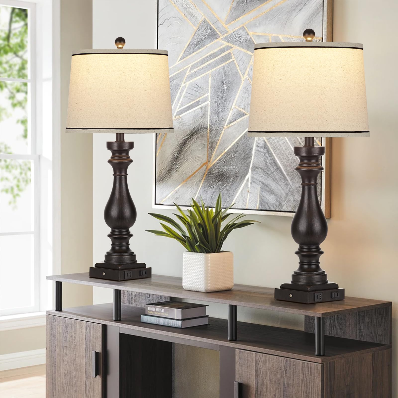 Rinweey Vintage Farmhouse Table Lamp Set of 2, 27.5" Black Resin, 3-Way Dimmable Touch Control, USB Ports, AC Outlet