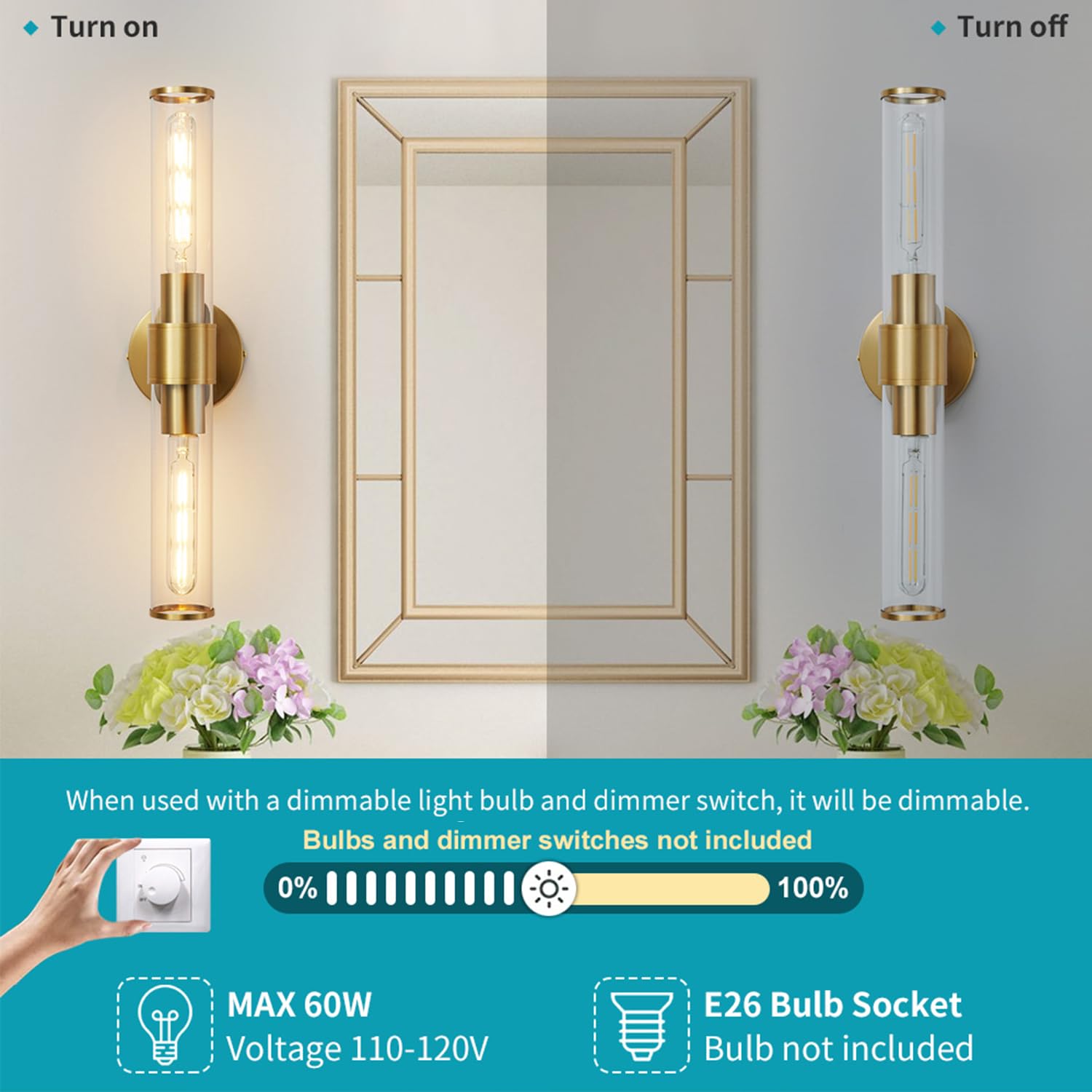 Vaziden Gold Wall Sconce, Bathroom Light Fixtures In Clear Glass Indoor Wall Sconces, Modern Sconce Wall Lighting Up And Down Vanity Lights Fixtures For Bathroom,Living Room,Hallway, Kitchen