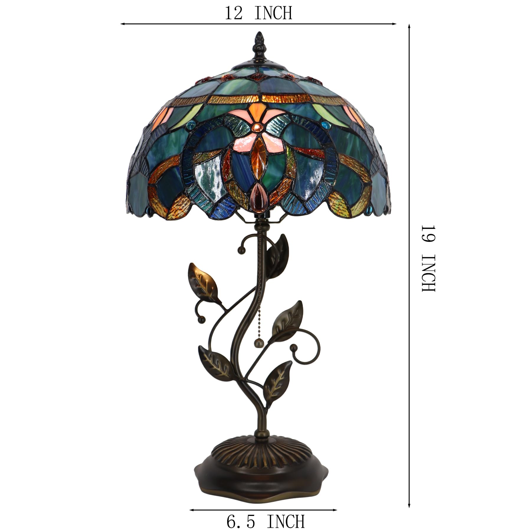 Lxhcyou Tiffany Table Lamp, Stained Glass Desk Light, W12H19 Inch, Metal Leaf Base (Blue Baroque Style)