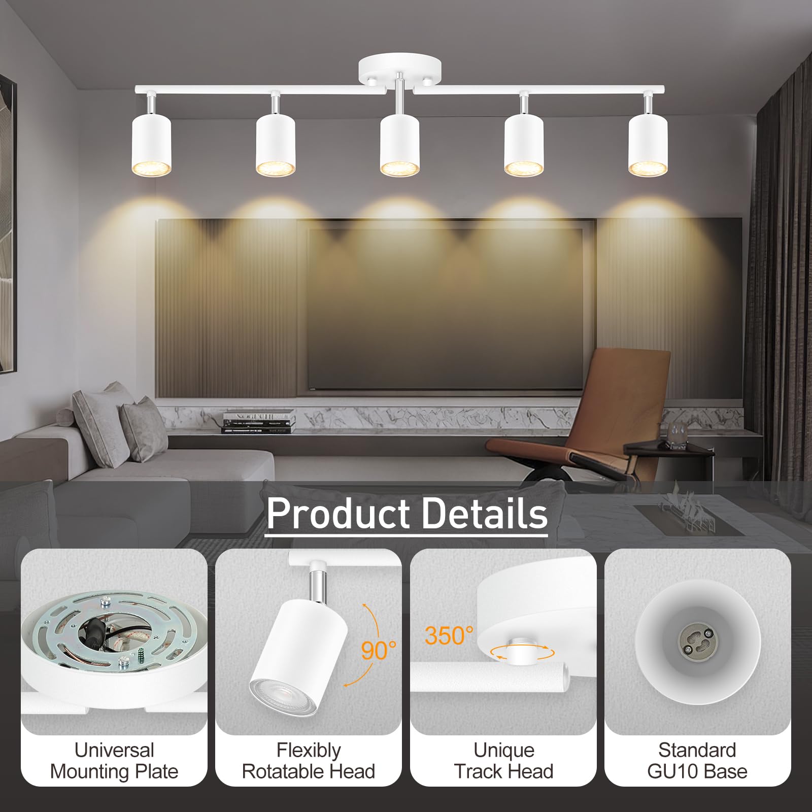 Track Lighting, Led Track Lighting Fixtures Ceiling, White Track Lights For Bedroom, 30'' Ceiling Spotlight Kit, 5 Light Track W