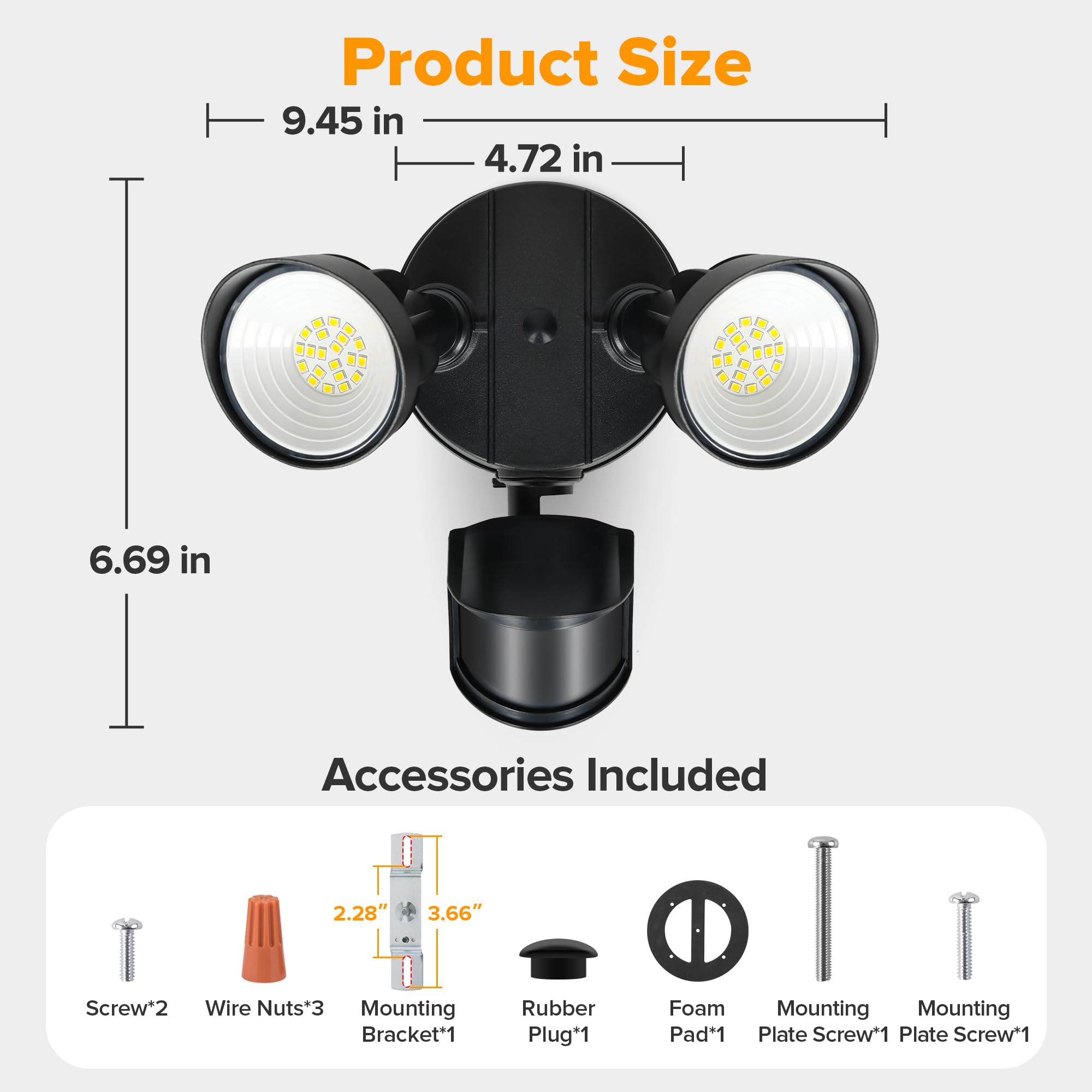 UME LED Security Light - 27W, 3000LM, IP65 Waterproof, Dusk to Dawn, 2 Head Motion Sensor, Outdoor Flood Light, Black