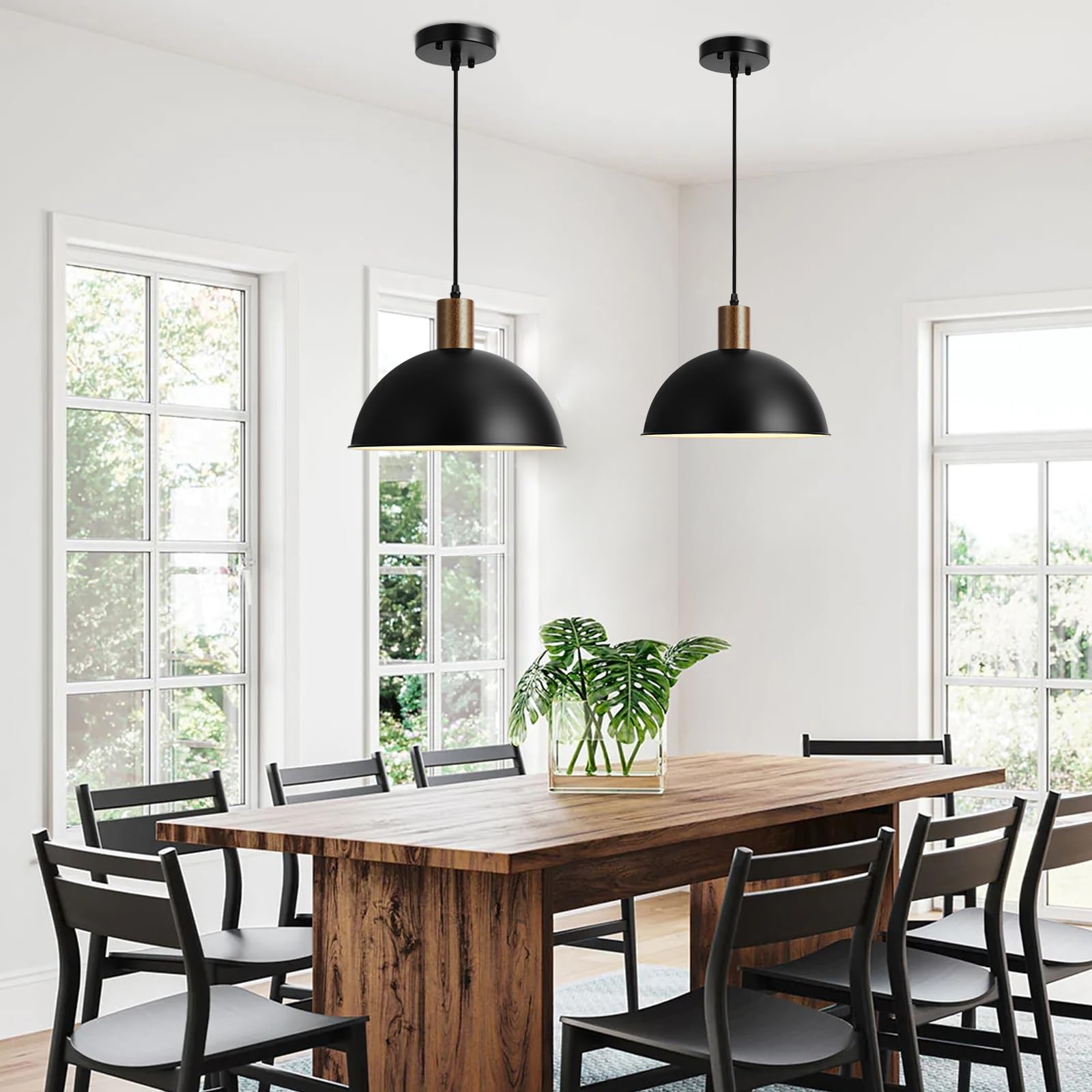 12 Inch 1-Light Solid Wood Blackpendant Lights, Modern Hammered Metal Shade Lighting, Large Hanging Light,Adjustable Industrial