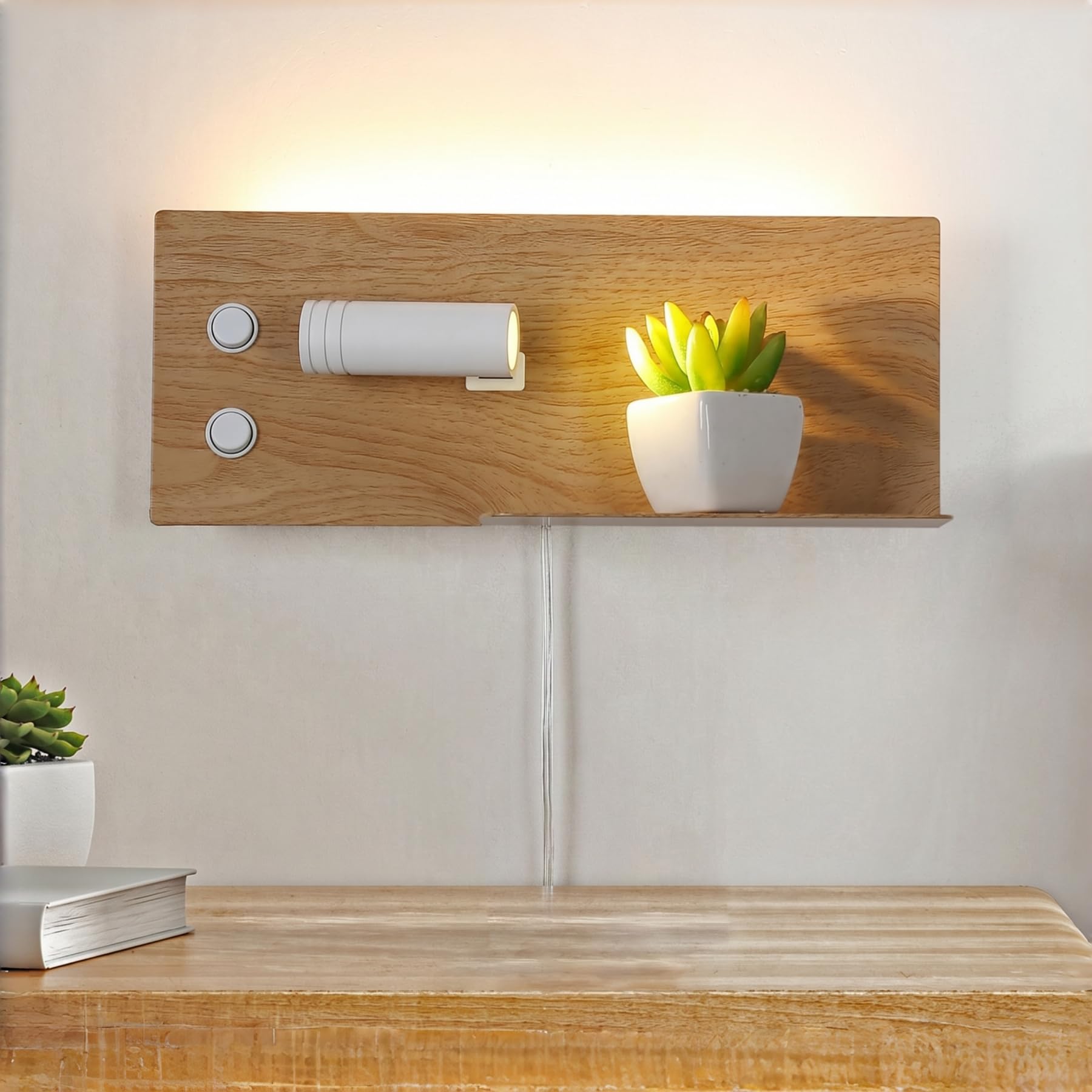 Modern LED Plug in Wall Sconce, Wall Light with Shelf and USB Charging Port, Rotatable Reading Spotlight & Soft Backlight, Plug-