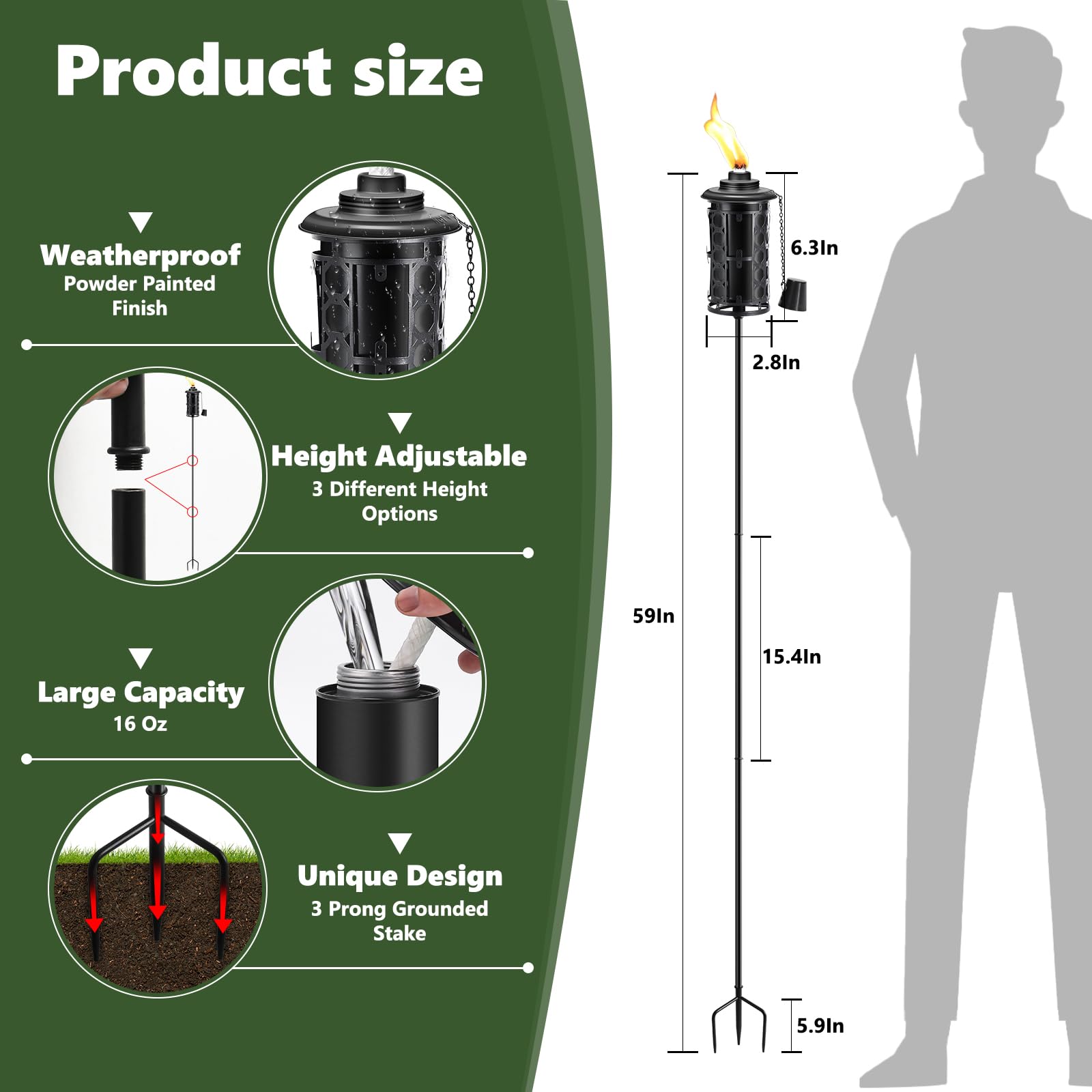 Fan-Torches 6-Pack Black Citronella Torches, 59-Inch Outdoor Garden Décor With 3-Prong