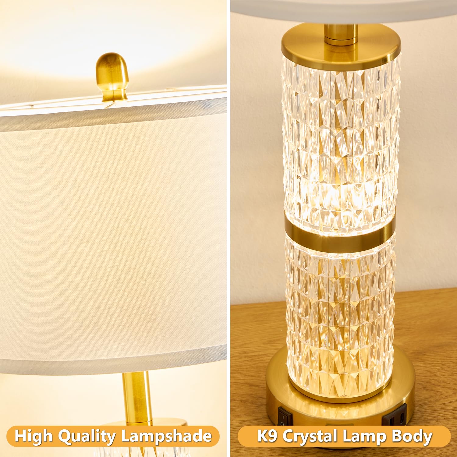 SAIWEYA Crystal Table Lamp Set of 2, 3-Way Dimmable Touch Lamps with USB Ports, Gold, 27In, Model TM-T10-N
