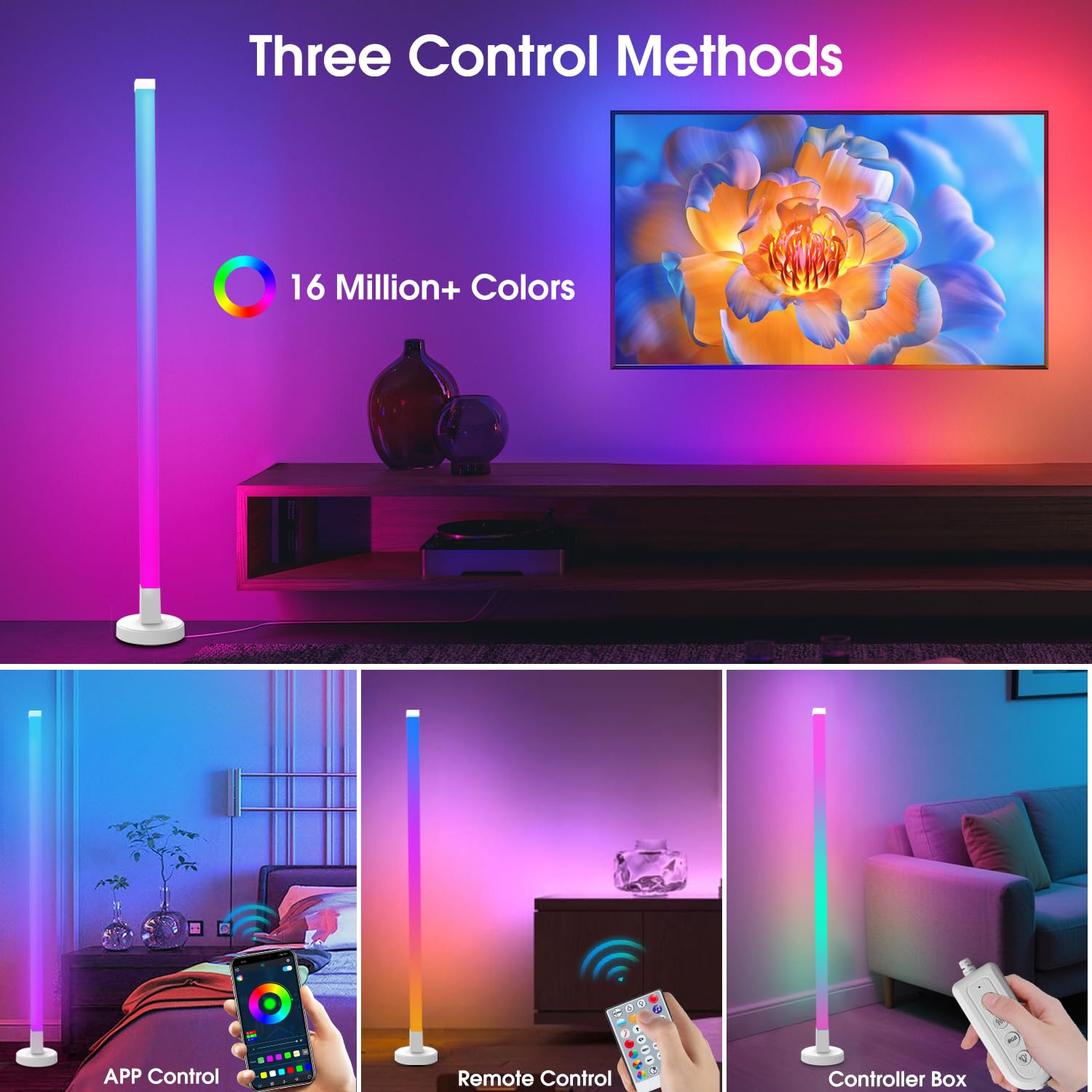 KEIWRLIGHT RGB LED Corner Floor Lamp, Smart App & Remote Control, 16 Million Colors, Medium, White, Model JSK-P70