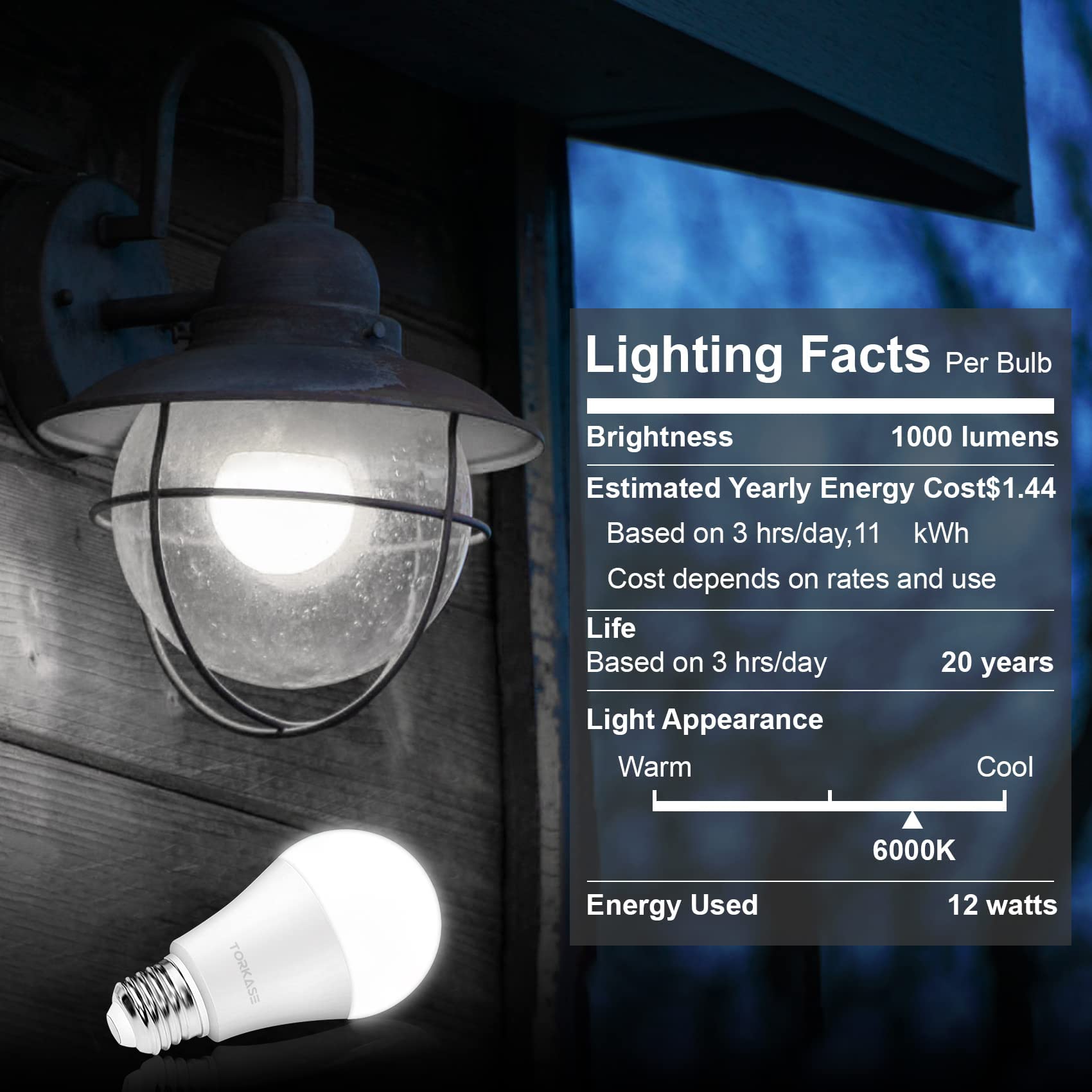 Torkase 13W Dusk to Dawn LED Light Bulbs, 1100lm, 6000K Daylight, E26 A19, 2-Pack, Automatic Sensor, Model Q