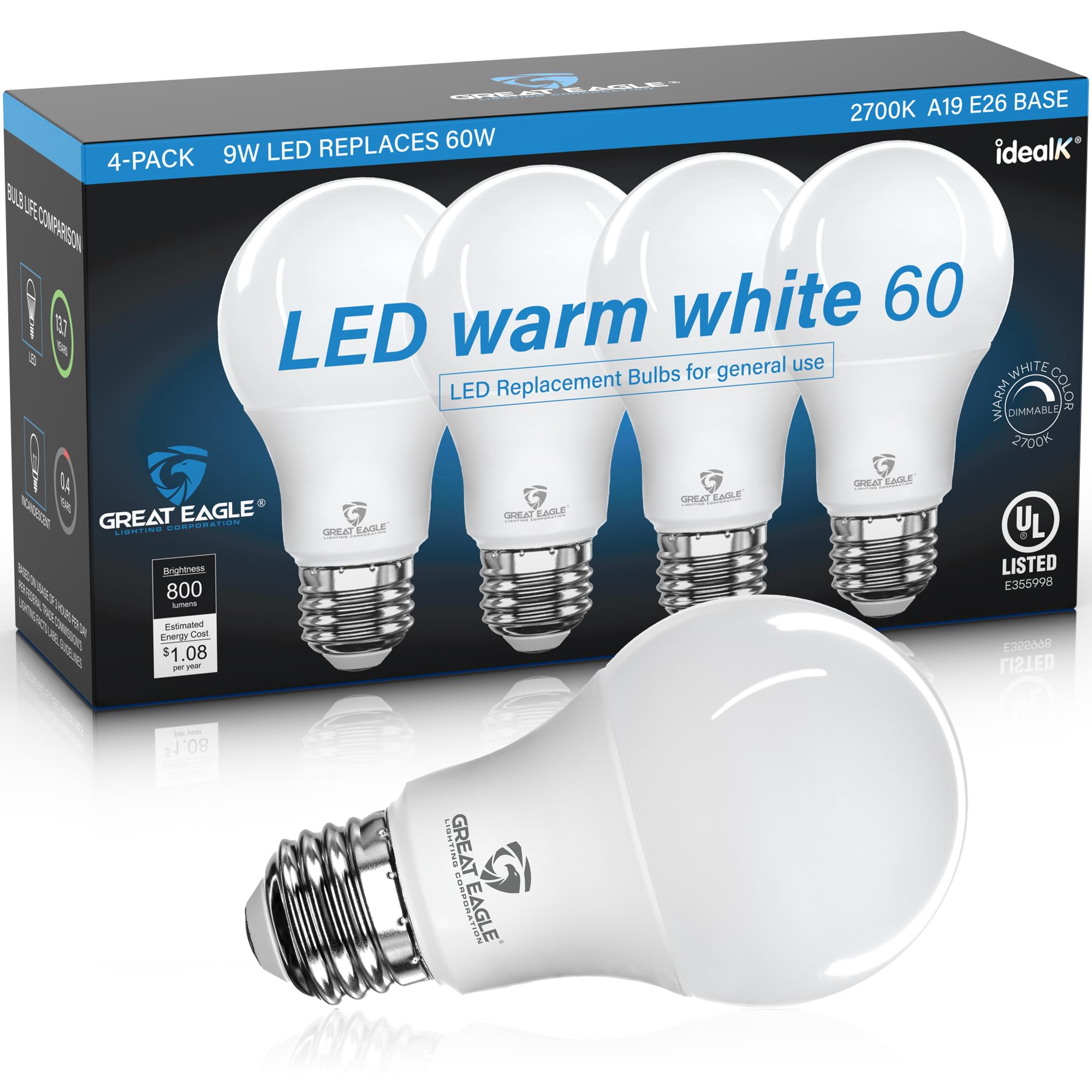 Great Eagle A19 LED Light Bulb, 9W (60W Equivalent), UL Listed, 2700K Warm White, dimmable, Standard Replacement (4 Pack)