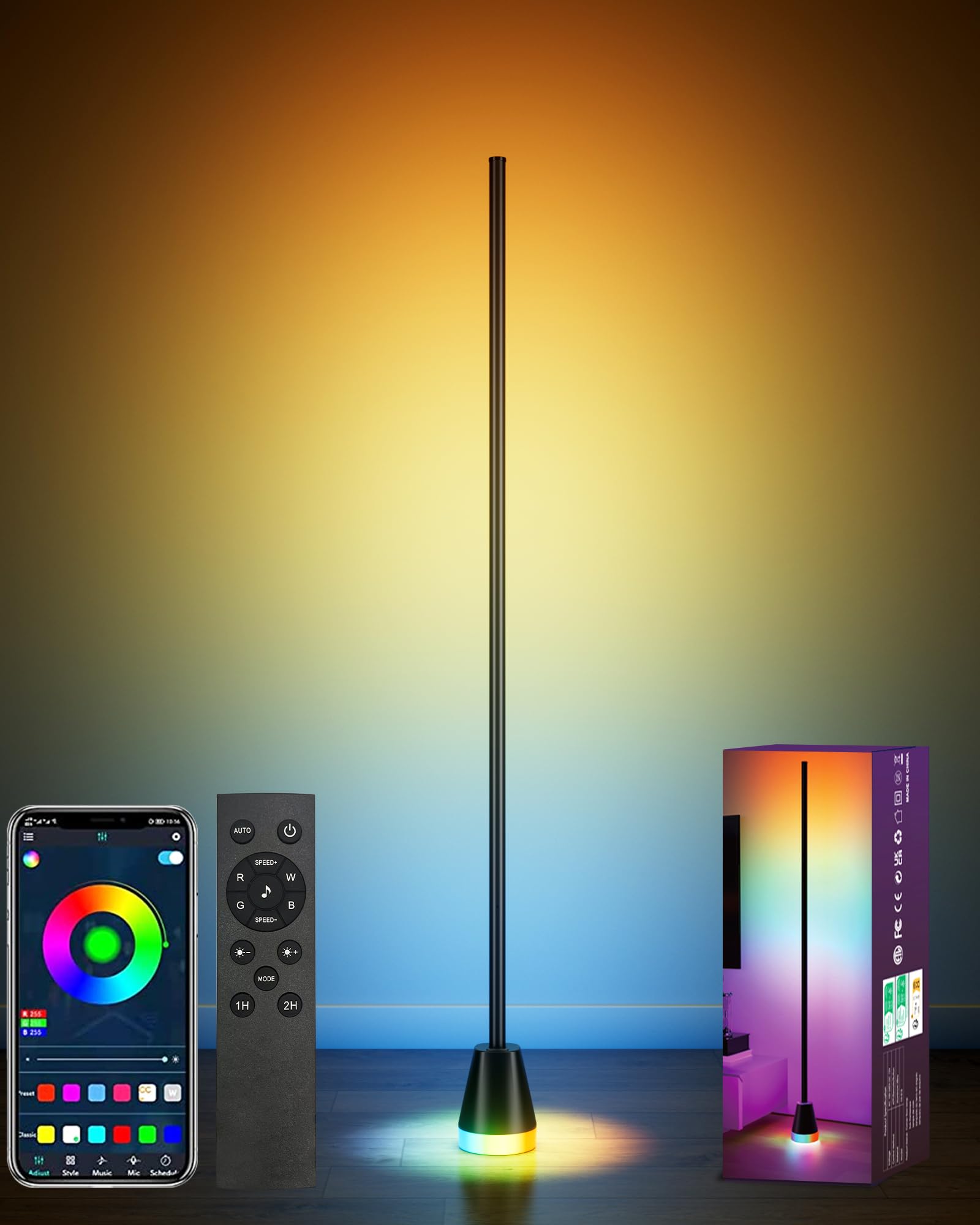CCACC Smart RGB LED Corner Floor Lamp with App & Remote Control, 172 Light Beads, Music Sync, Black