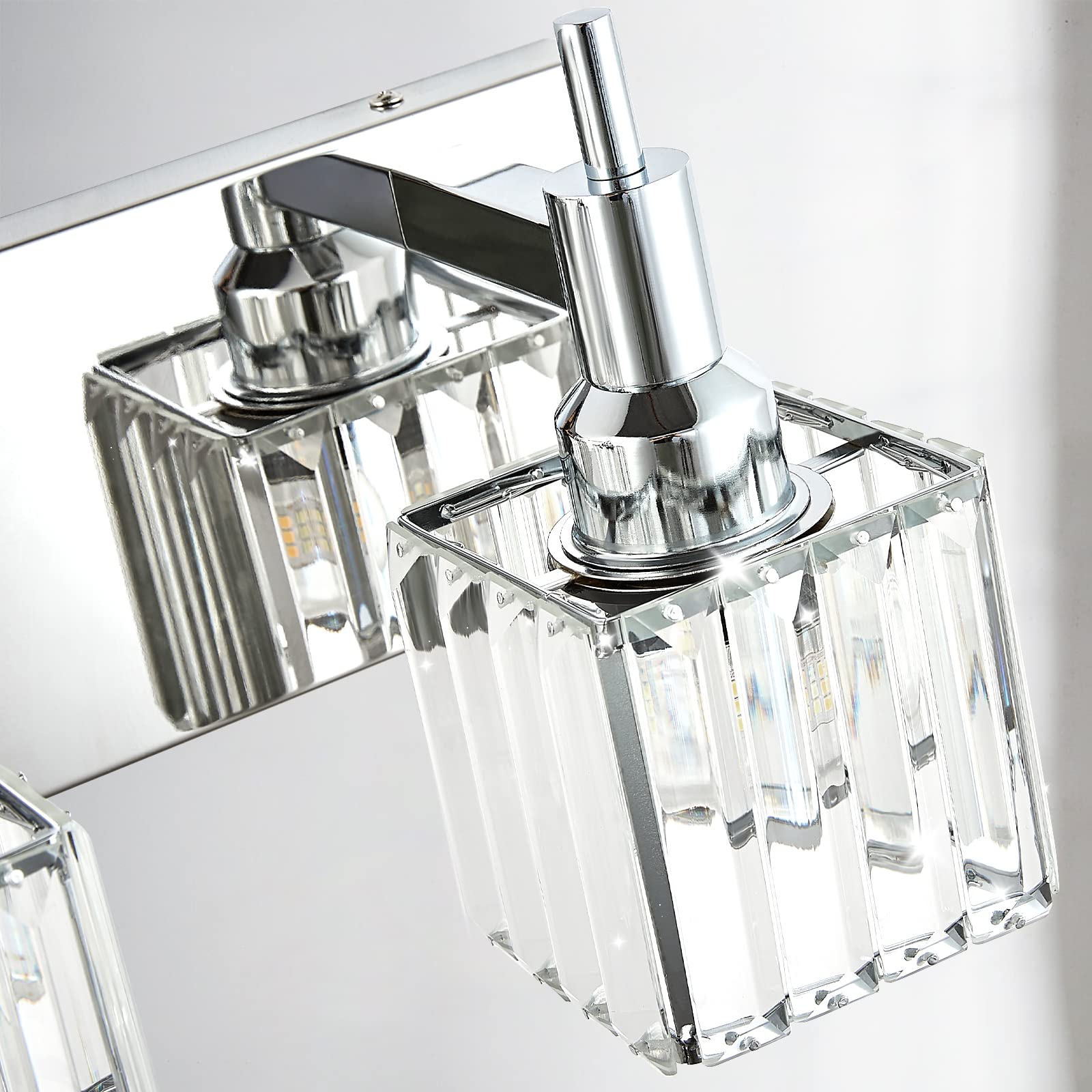 HUOKU Modern Crystal Bathroom Vanity Light 3-Light Wall Sconce Chrome Metal Square Shade
