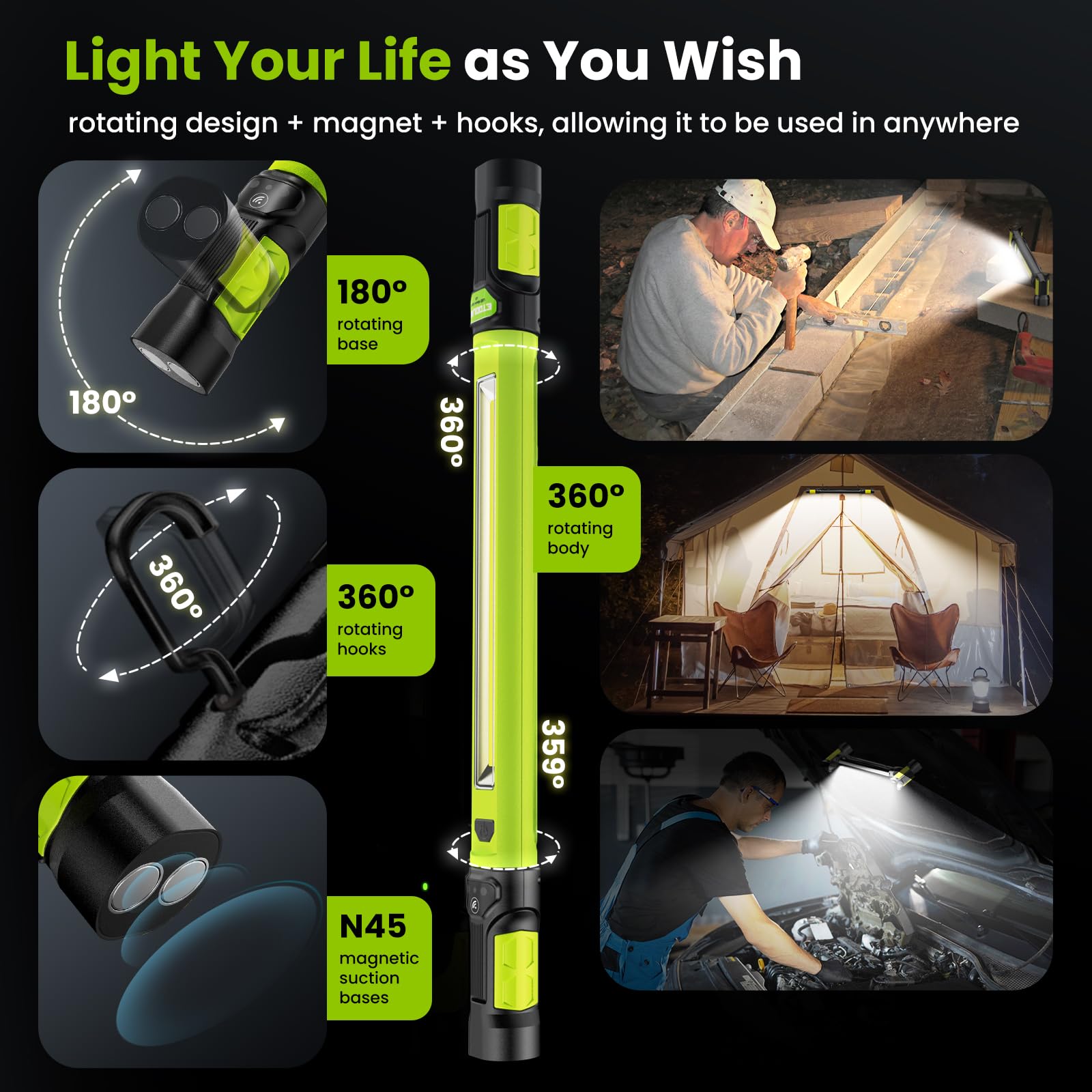 Work Light?Auto On/Off? 3000Lm Led Work Light 5200Mah Under Hood Work Light With Hooks  Portable Magnetic Rechargeable Cordless Work Light For Mechanic/Car Repairing/Garage-Green
