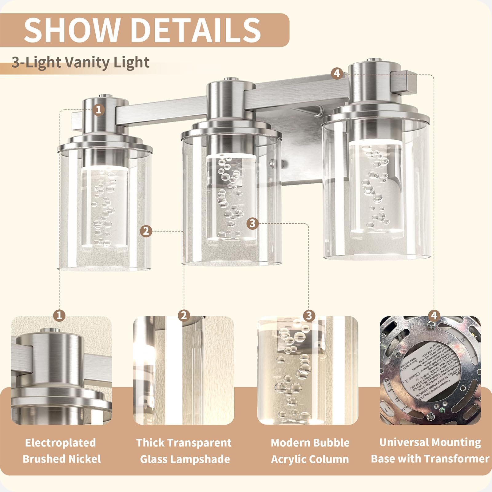 Quntis 3-Light Dimmable Bathroom Vanity Light, Brushed Nickel Led Fixture, Eye Protection, Bulbs Included