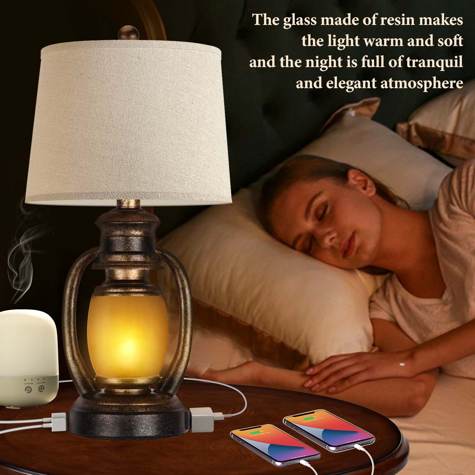 Set Of 2 Rustic Living Room With 2 Usb Port And Outlet,Farmhouse Table Bedside Lamps For Bedroom,Vintage Cottage Nightstand Lamp