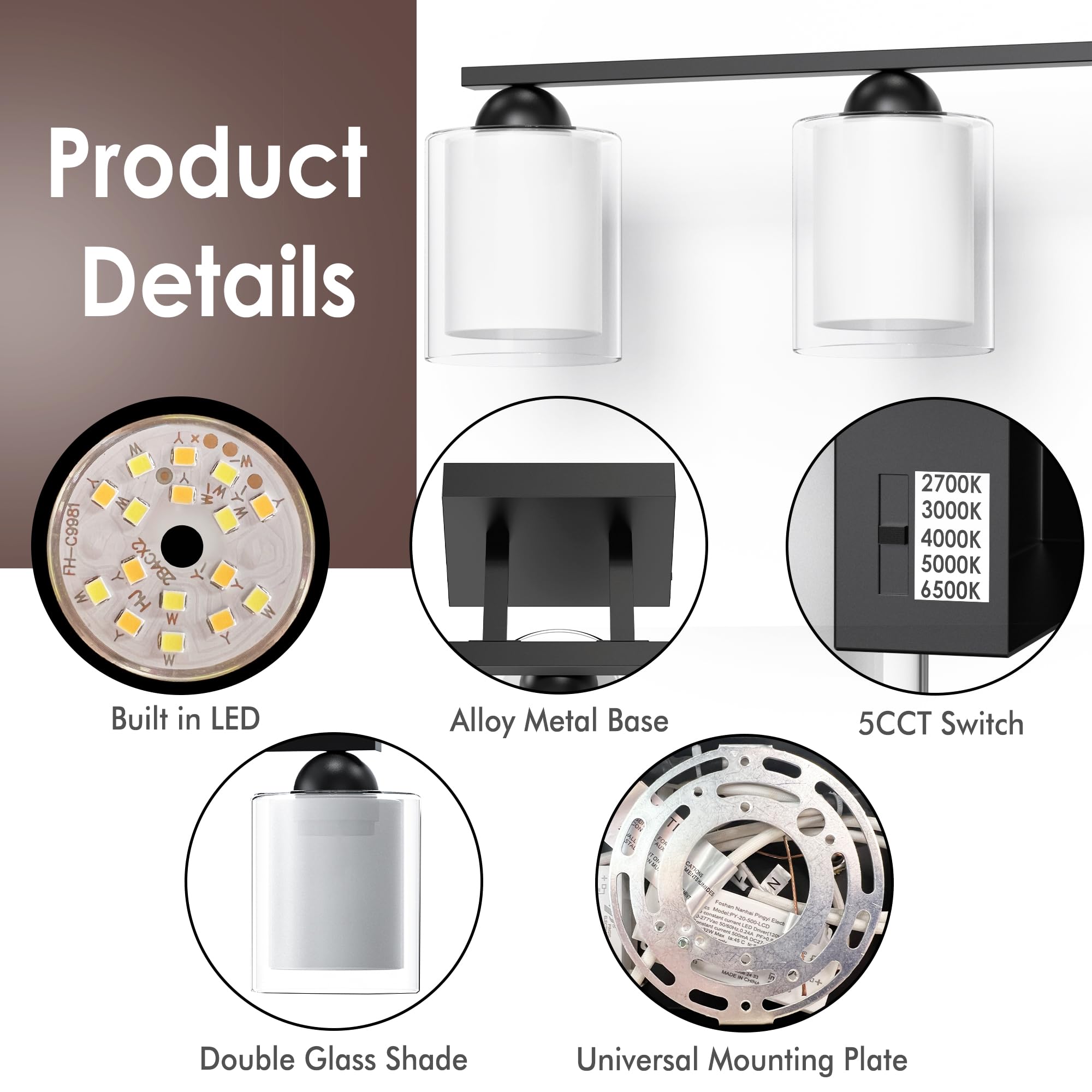 Quntis Bathroom Vanity Light Fixture - 5 Light Dimmable LED, Milk White Frosted Glass, 35W, 33 Inch, Black & Clear