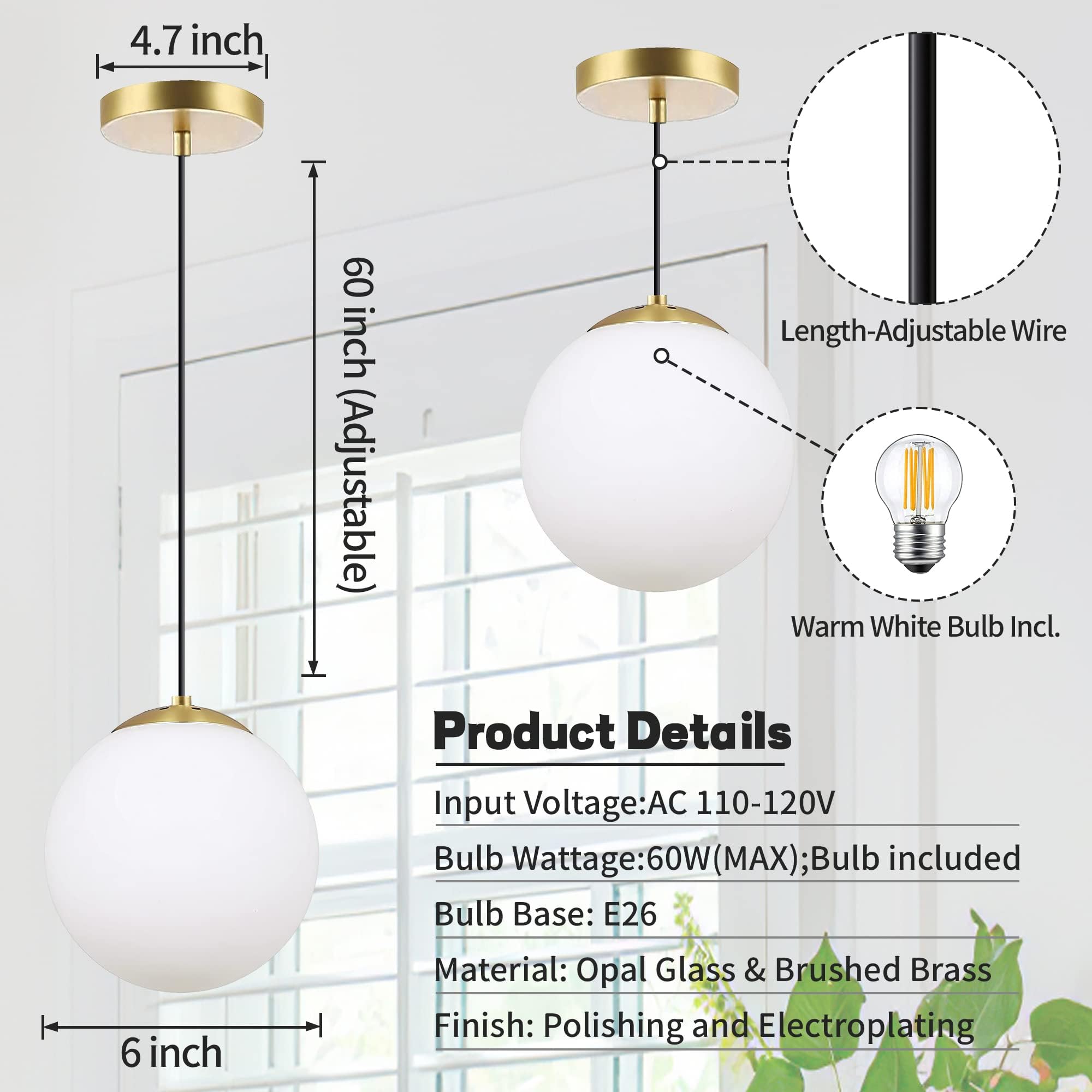 Koko&Yukina 6&quot; Mini Globe Pendant Light - Opal Glass & Brass Finish For Modern Home Decor