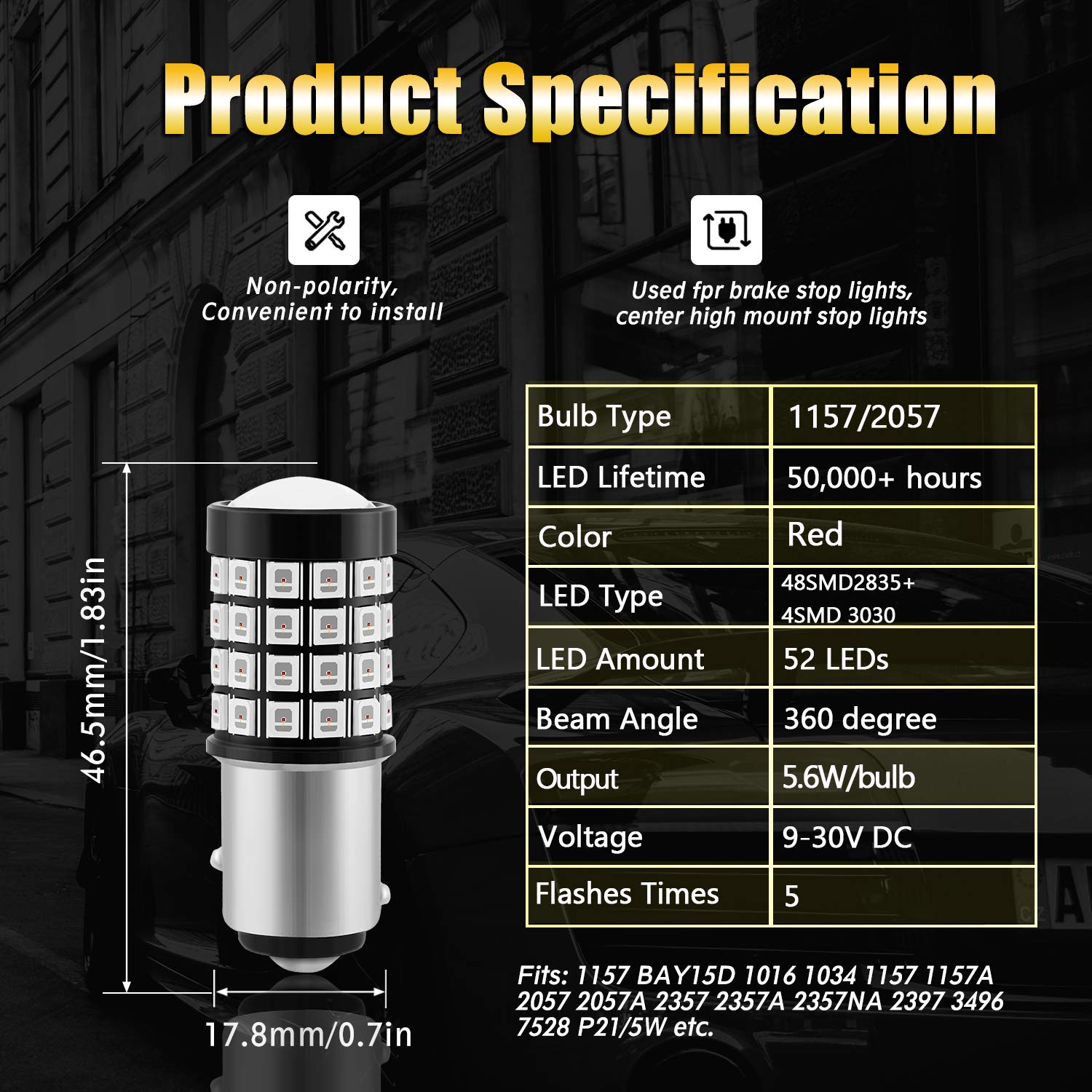 BRISHINE 1157 LED Brake Light Bulbs, Super Bright 52-SMD, BAY15D, Brilliant Pure Red, Model SHINE-FLA1157R-2P (Pack of