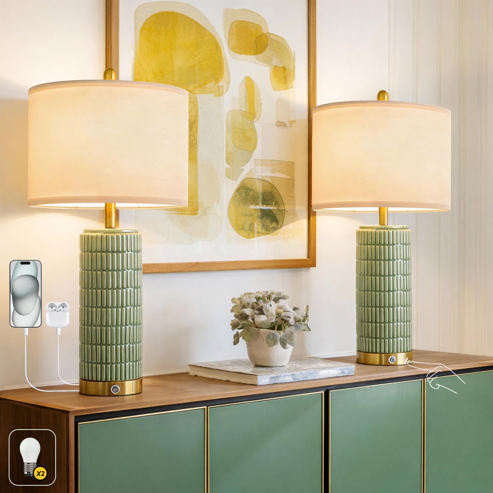 PoKat 25 Bedside Table Lamps Set of 2 for Living Room with USB A&C Ports  Touch Lamps with 3-Way Dimmable Control for Bedroom  Farmhouse Green Lamps for Nightstand Office Hallway (Bulbs Included)