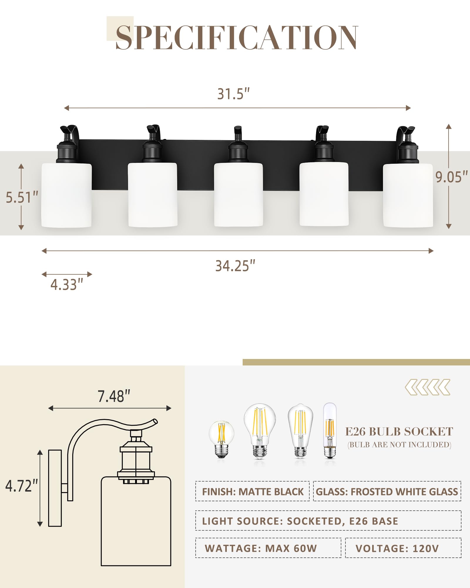 JAZAVA 5-Light Bathroom Vanity Light, Modern Black Wall Sconce, Metal & Milk Glass, Model ZCVL01BKW-5