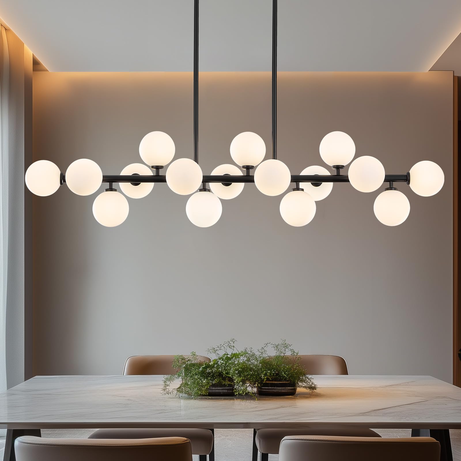 PiWWPi Modern Chandeliers for Dining Room Kitchen Island, 55 Long Large Linear Sputnik Globe Chandelier, 16-Light Mid Century Mo